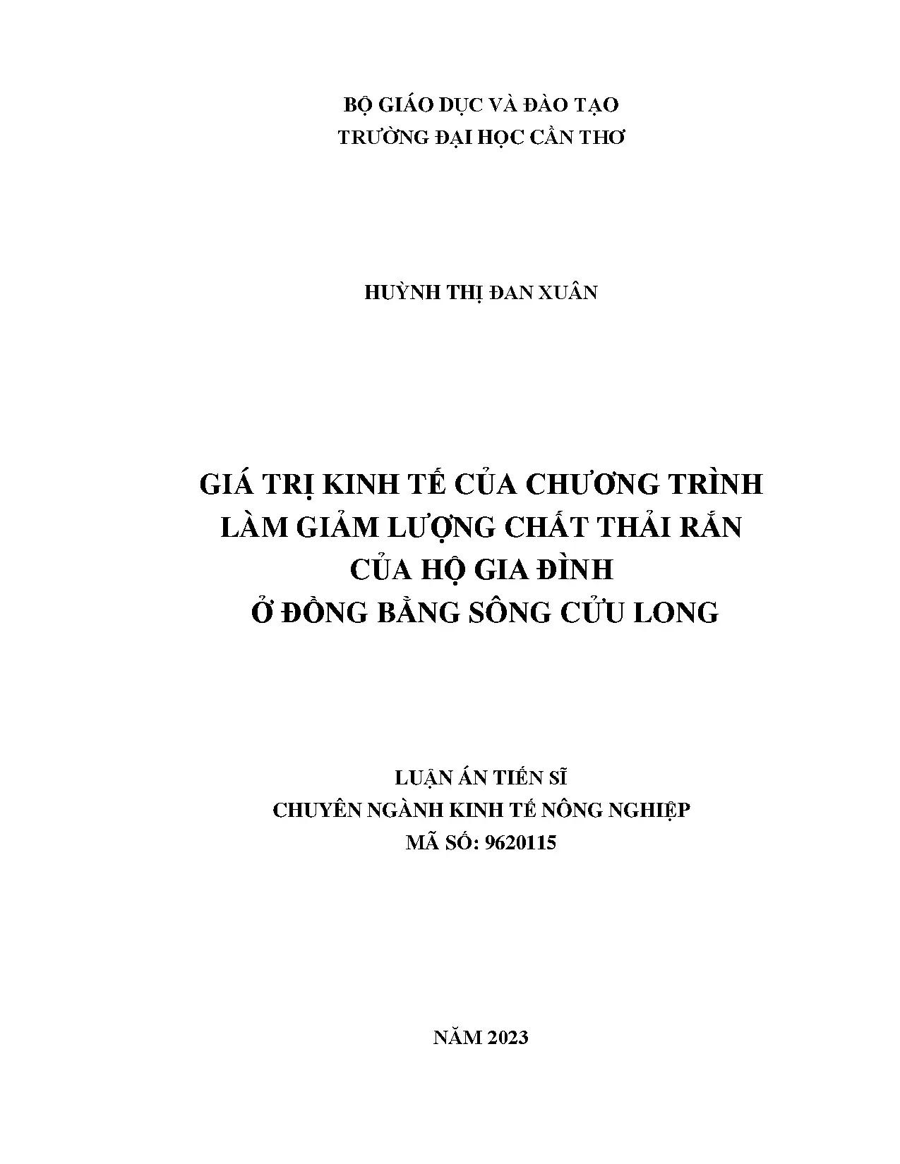 Giá trị kinh tế chương trình giảm chất thải rắn hộ gia đình ĐBSCL