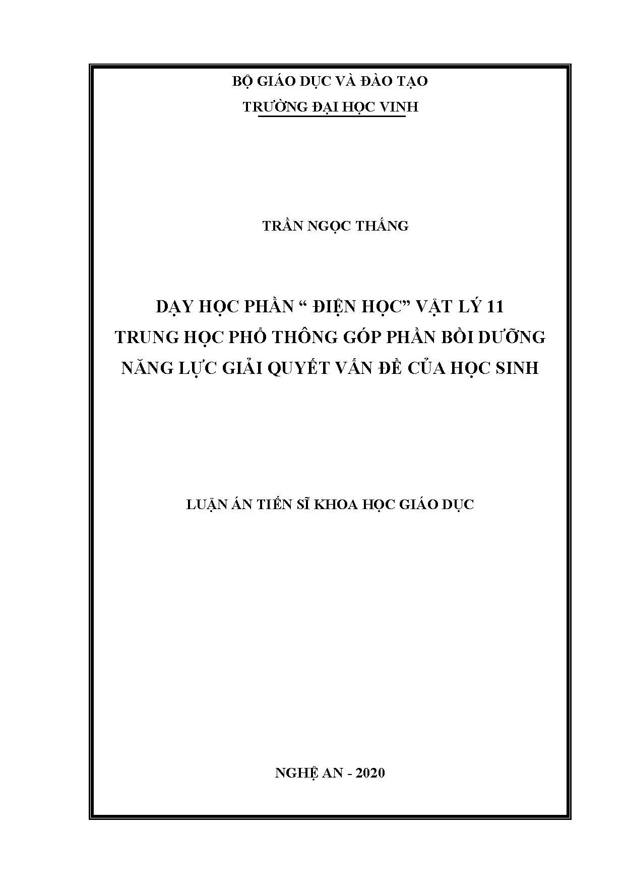 Luận án tiến sĩ dạy học điện học Vật lý 11 THPT bồi dưỡng NLGQVĐ