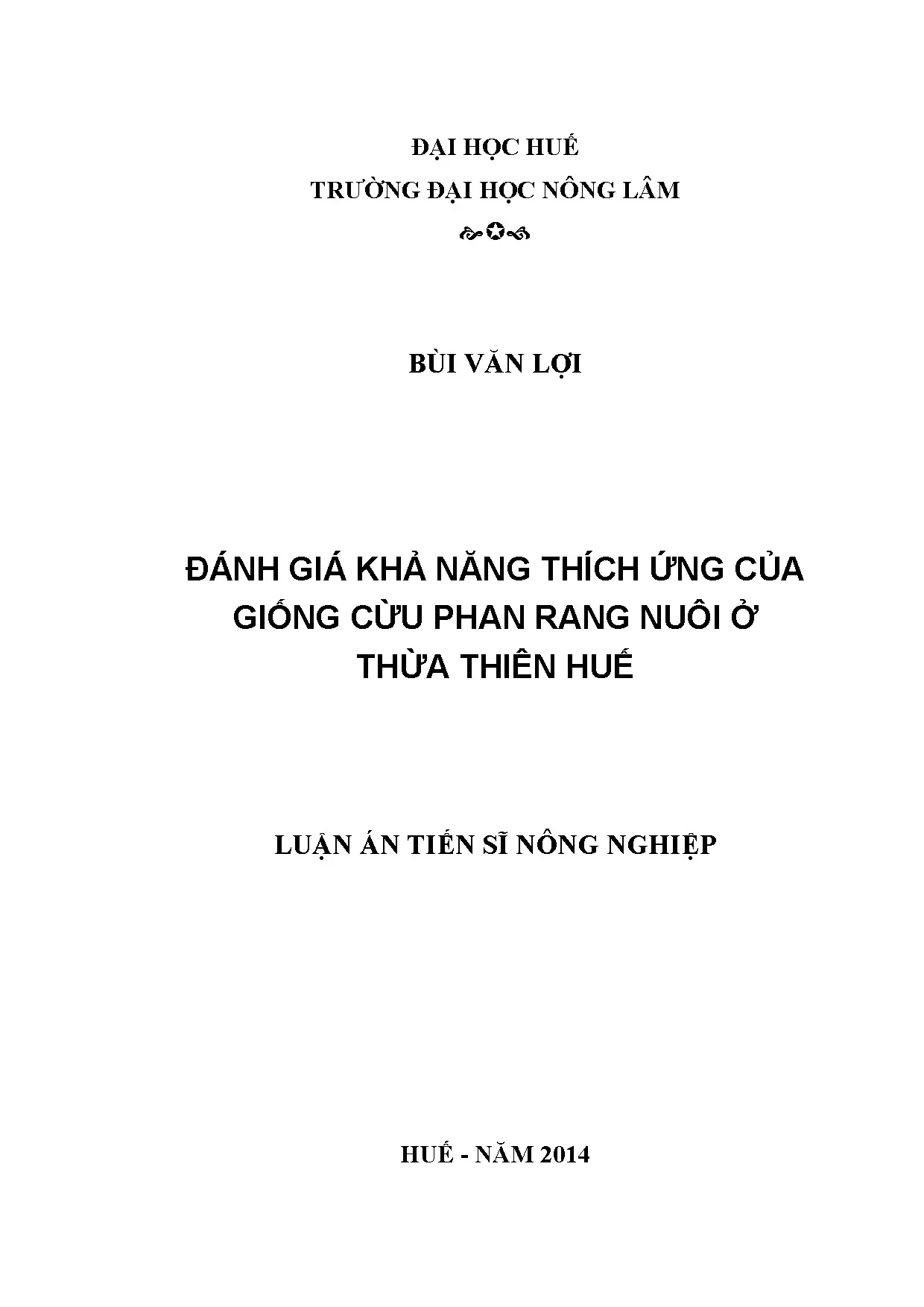 Đánh giá khả năng thích ứng cừu Phan Rang ở Thừa Thiên Huế