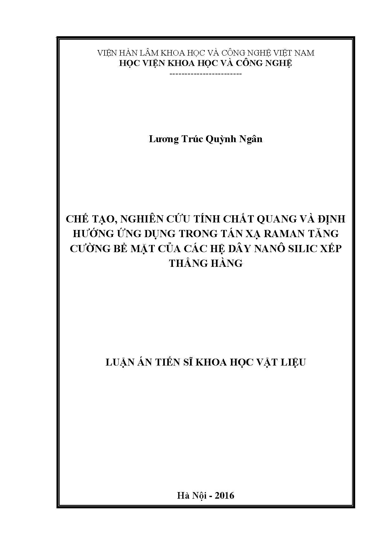 Luận án chế tạo dây nano silic nghiên cứu tán xạ Raman