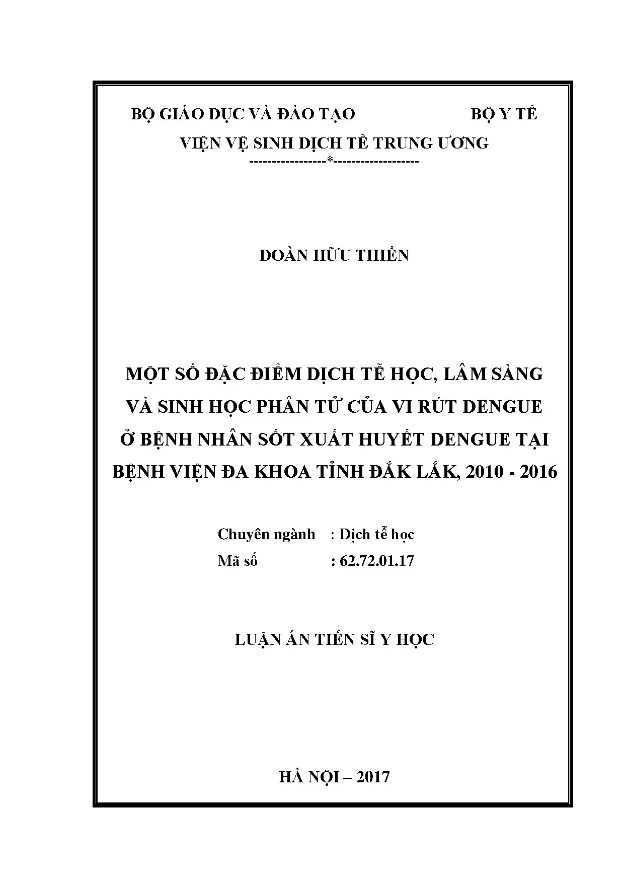 Nghiên cứu đặc điểm dịch tễ lâm sàng sinh học phân tử virus dengue tại Đắk Lắk