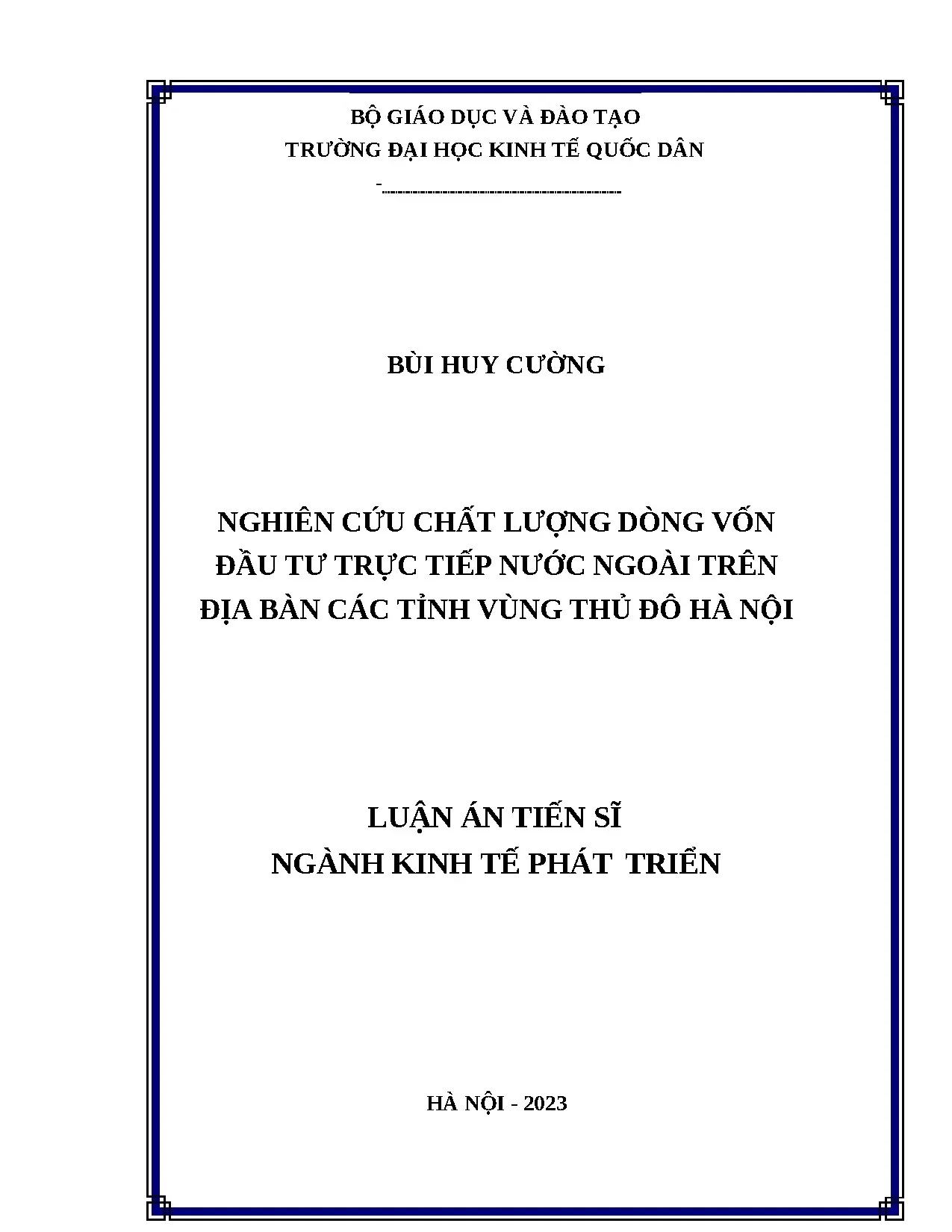 Chất lượng FDI Vùng Thủ đô Hà Nội: Nghiên cứu Bùi Huy Cường