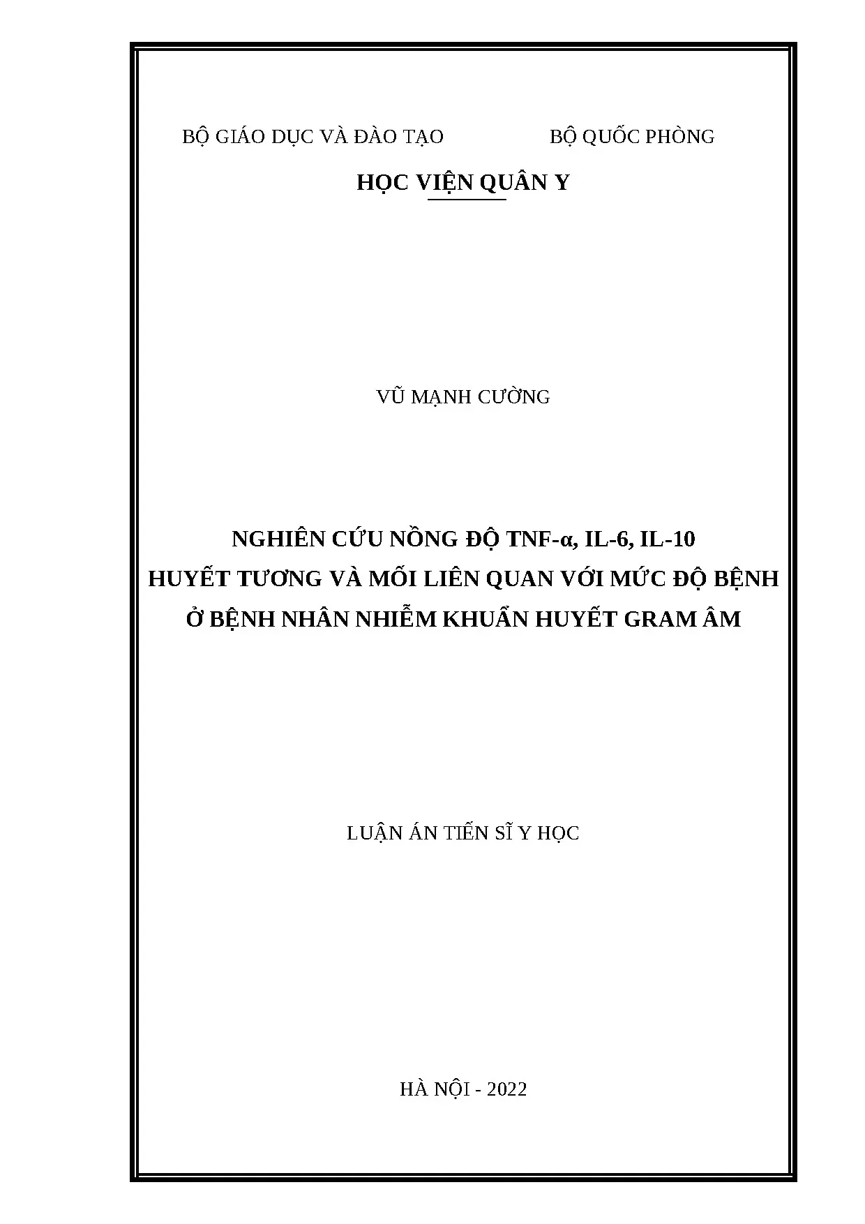 Nồng độ TNF-α, IL-6, IL-10 huyết tương và bệnh nhiễm khuẩn huyết do vi khuẩn Gram âm