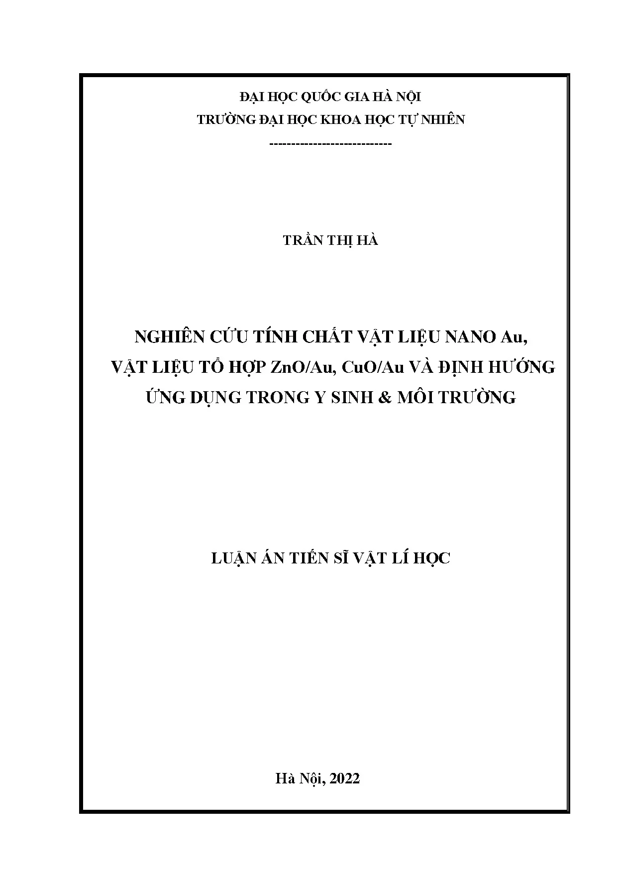 Tính chất nano Au và tổ hợp ZnO/Au, CuO/Au ứng dụng y sinh