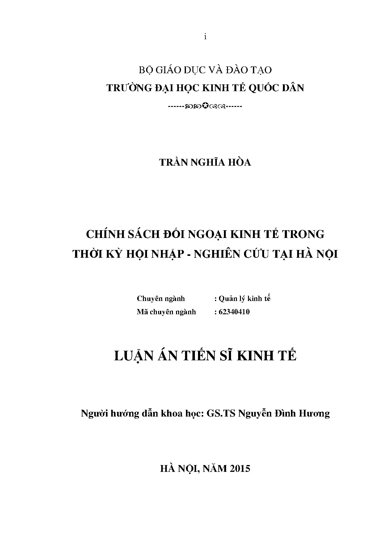 Chính sách đối ngoại kinh tế Hà Nội trong hội nhập - Luận án tiến sĩ