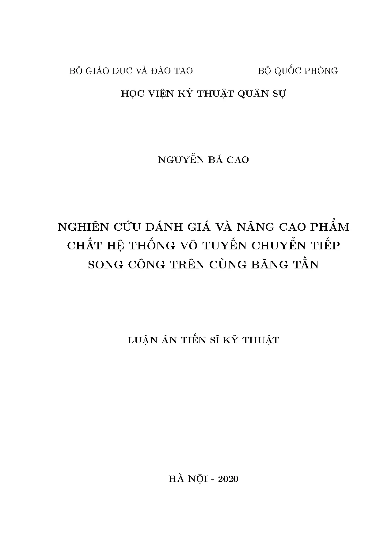 Luận án tiến sĩ nâng cao phẩm chất hệ thống vô tuyến song công cùng băng tần