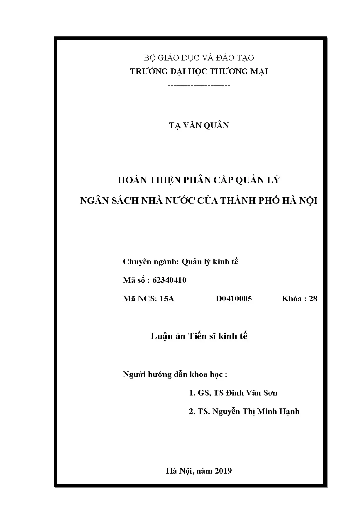 Hoàn thiện phân cấp quản lý NSNN TP Hà Nội - Luận án Tiến sĩ