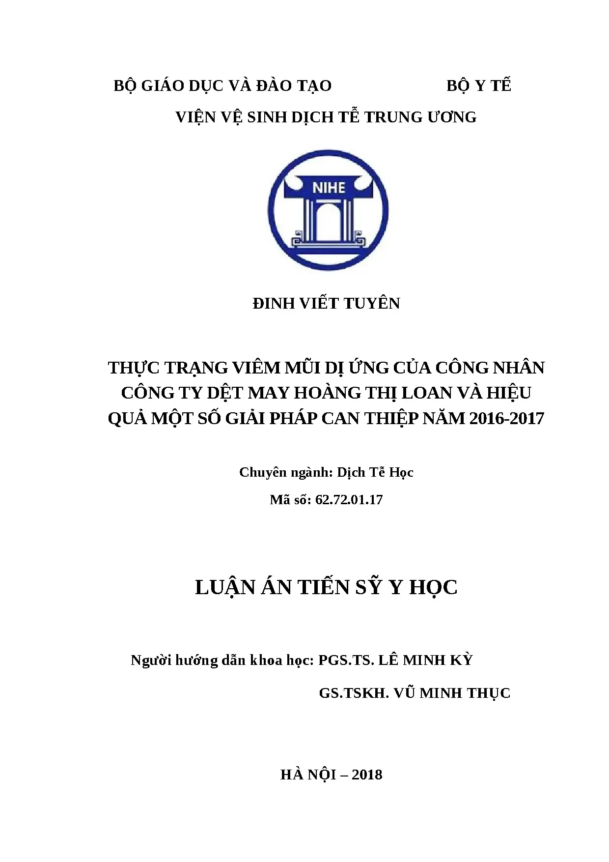 Luận án tiến sĩ: Viêm mũi dị ứng ở công nhân dệt may Hoàng Thị Loan