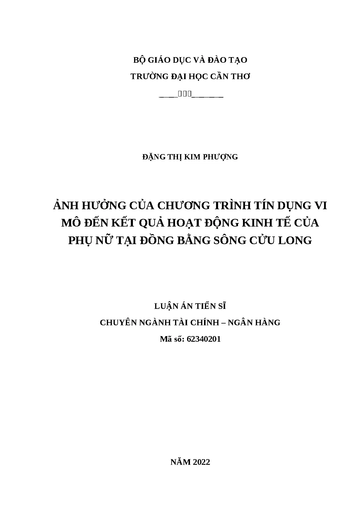 Tín dụng vi mô và kết quả kinh tế của phụ nữ ĐBSCL