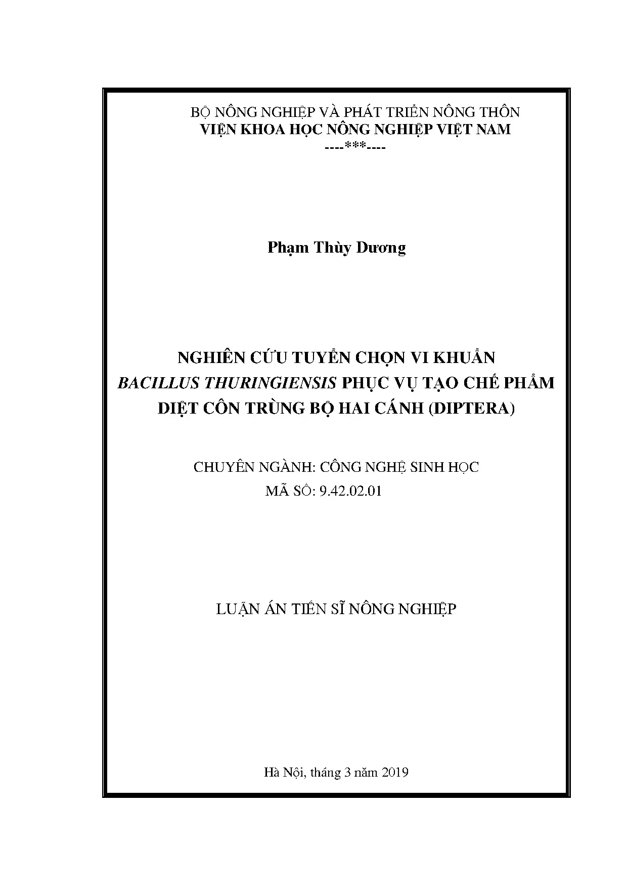Nghiên cứu tuyển chọn vi khuẩn Bacillus thuringiensis diệt côn trùng diptera