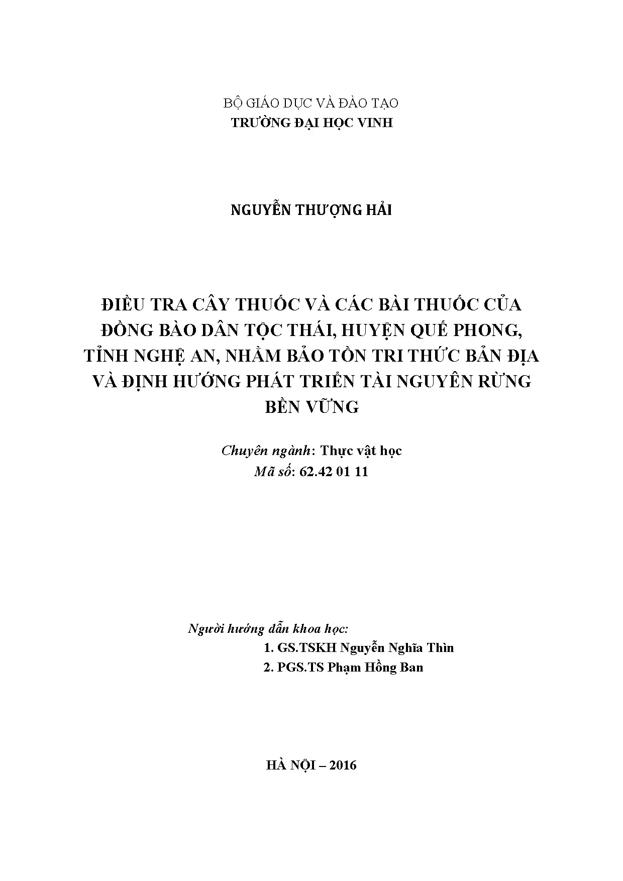 Điều tra cây thuốc dân tộc Thái huyện Quế Phong Nghệ An