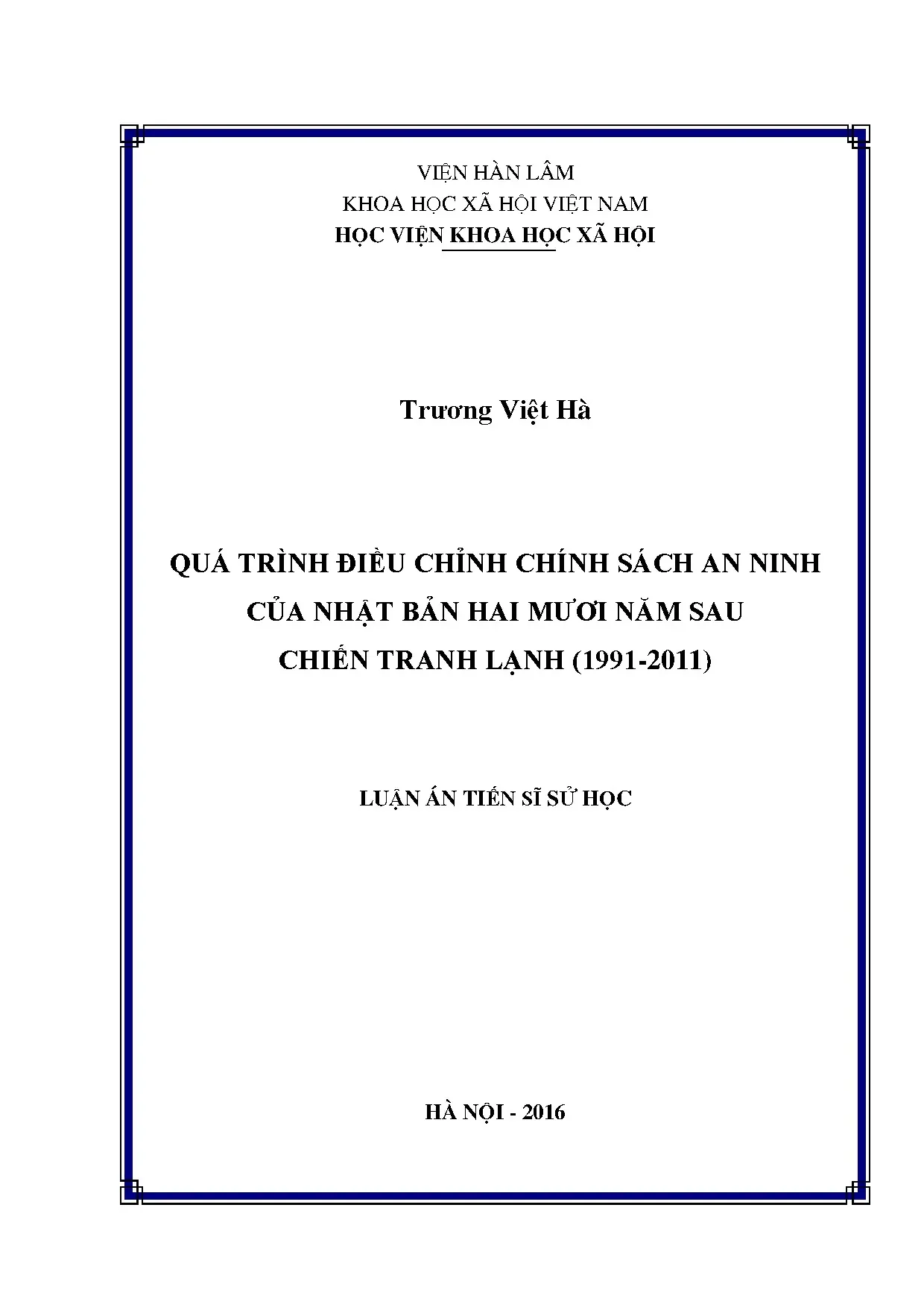 Luận án quá trình điều chỉnh chính sách an ninh Nhật Bản 1991-2011