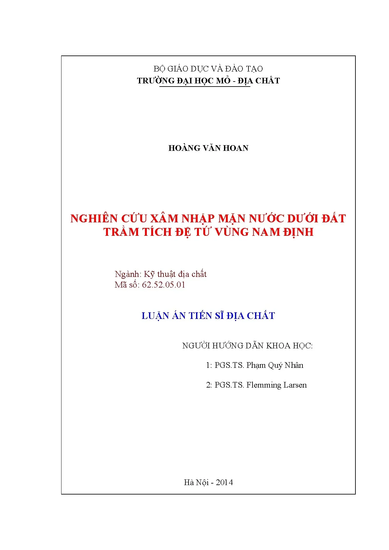 Nghiên cứu xâm nhập mặn nước dưới đất trầm tích Đệ Tứ Nam Định