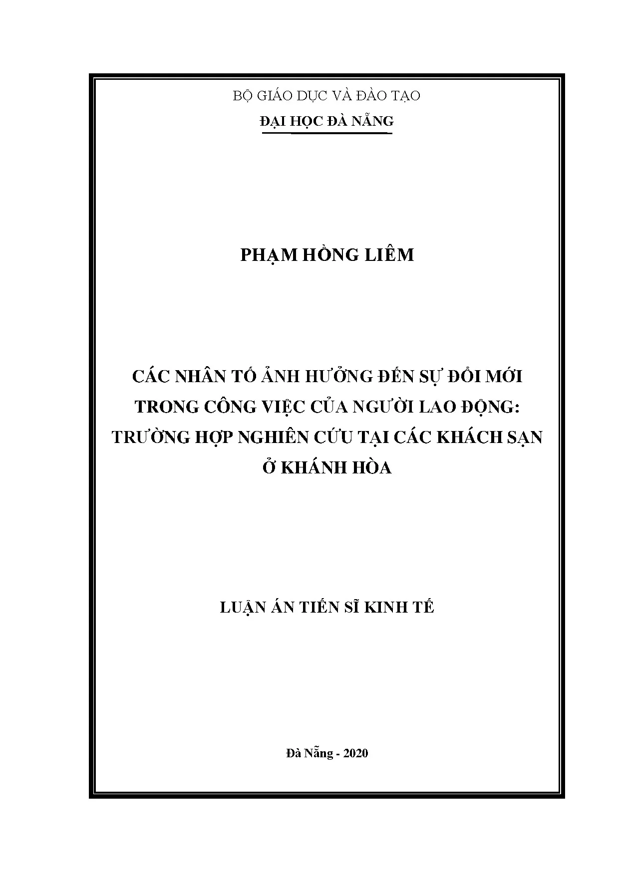 Luận án tiến sĩ: Các nhân tố ảnh hưởng đến sự đổi mới công việc tại khách sạn Khánh Hòa