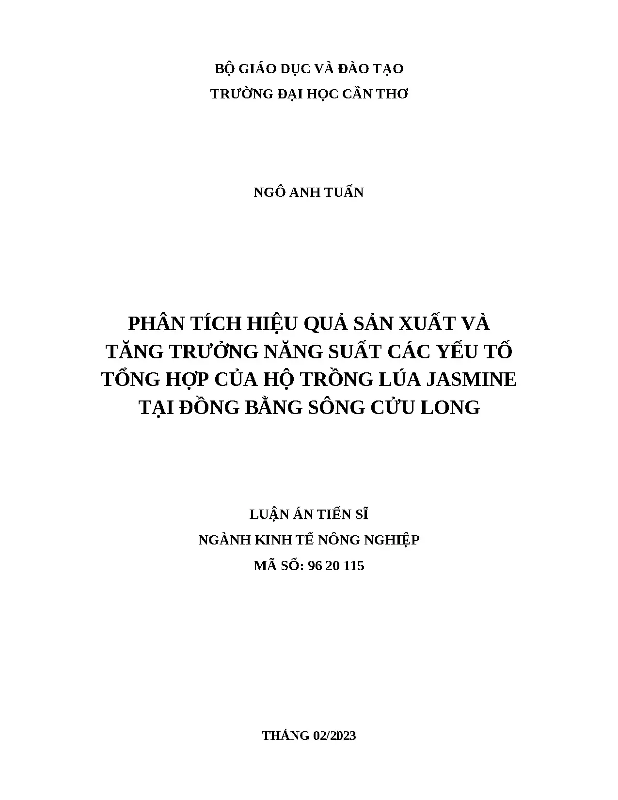 Hiệu quả sản xuất lúa Jasmine và năng suất yếu tố tổng hợp ĐBSCL