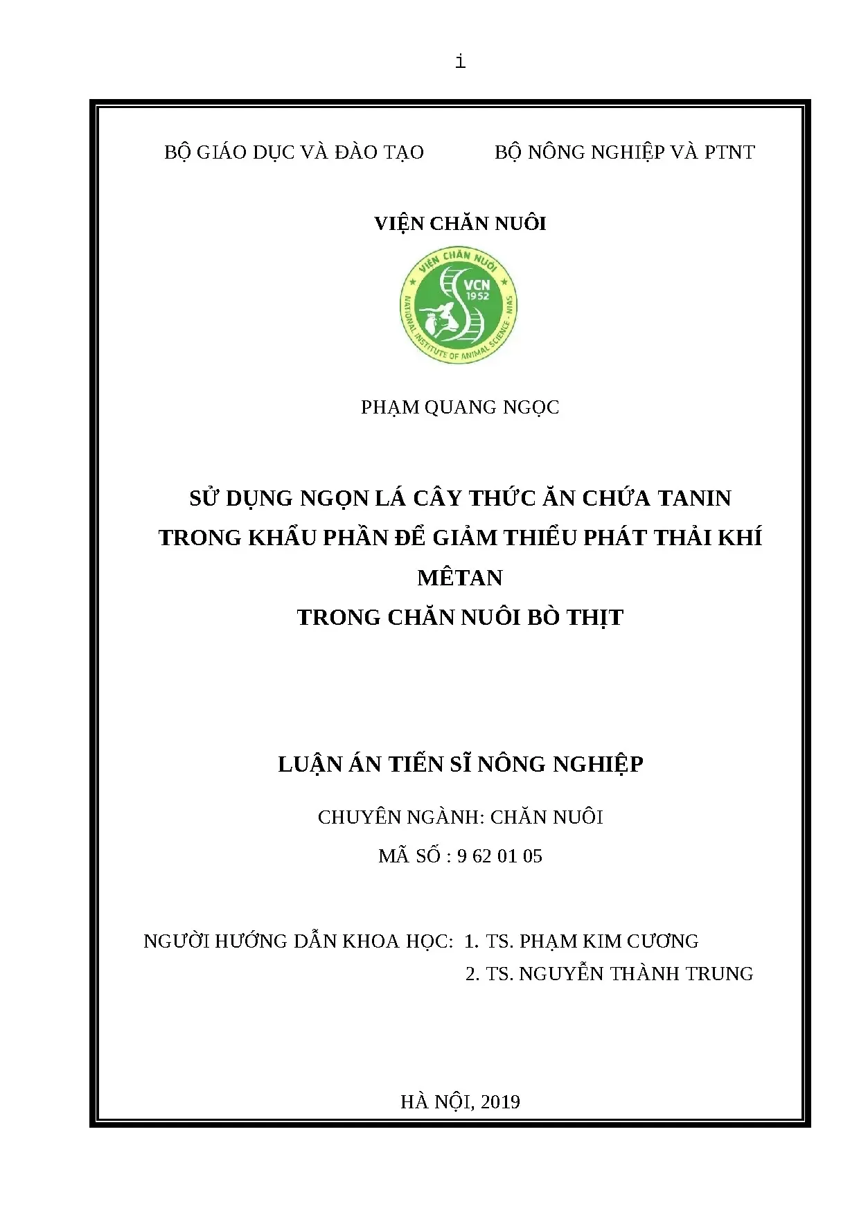 Luận án giảm phát thải mêtan trong chăn nuôi bò thịt bằng ngọn lá cây chứa tanin