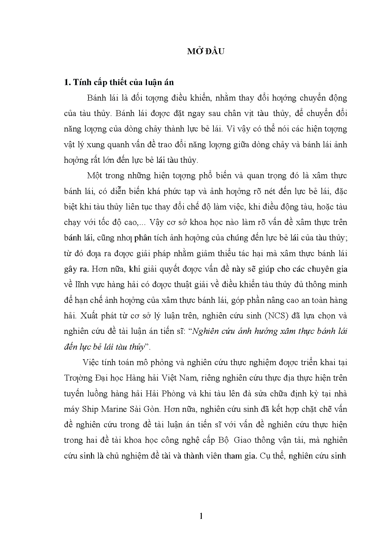 Nghiên cứu ảnh hưởng xâm thực bánh lái đến lực bẻ lái tàu thủy