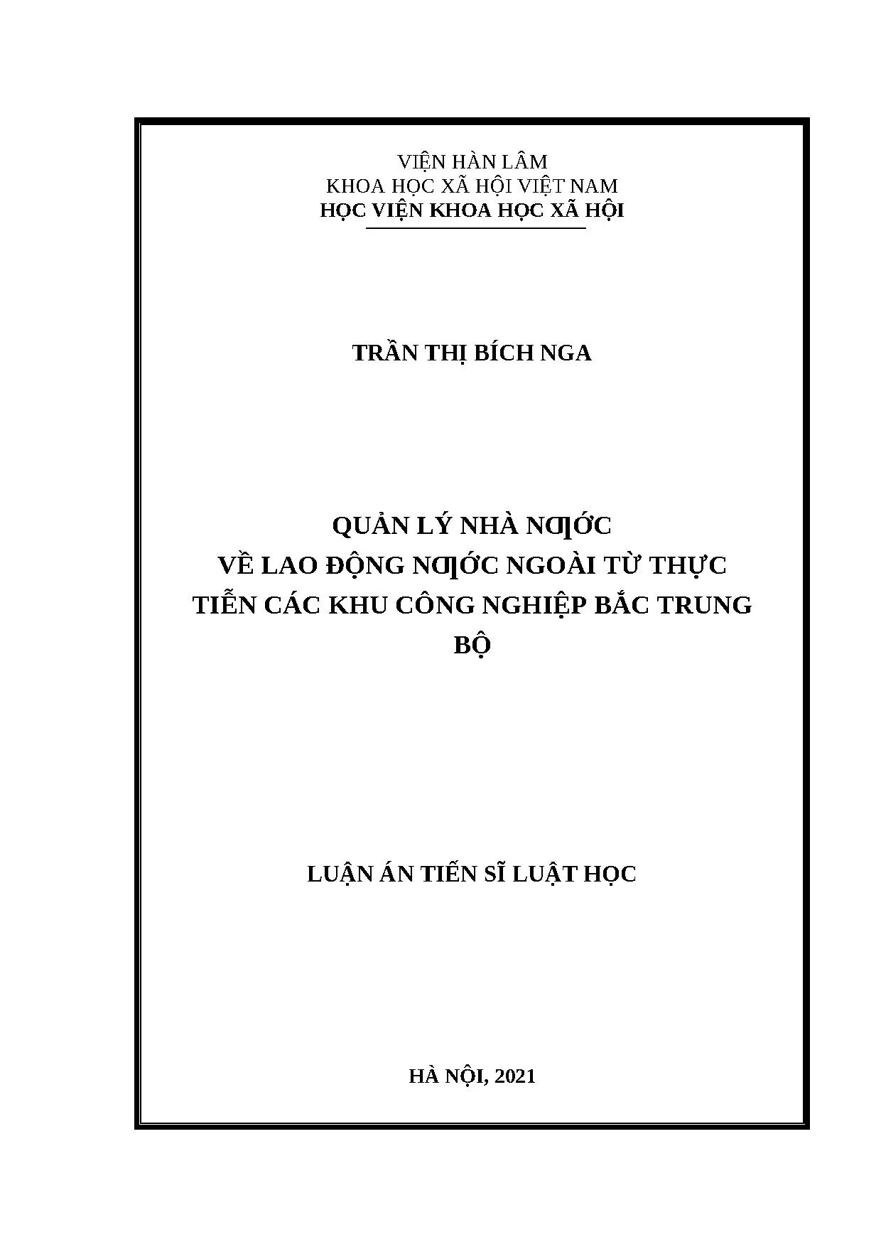 Luận án tiến sĩ: Quản lý nhà nước lao động nước ngoài ở Bắc Trung Bộ