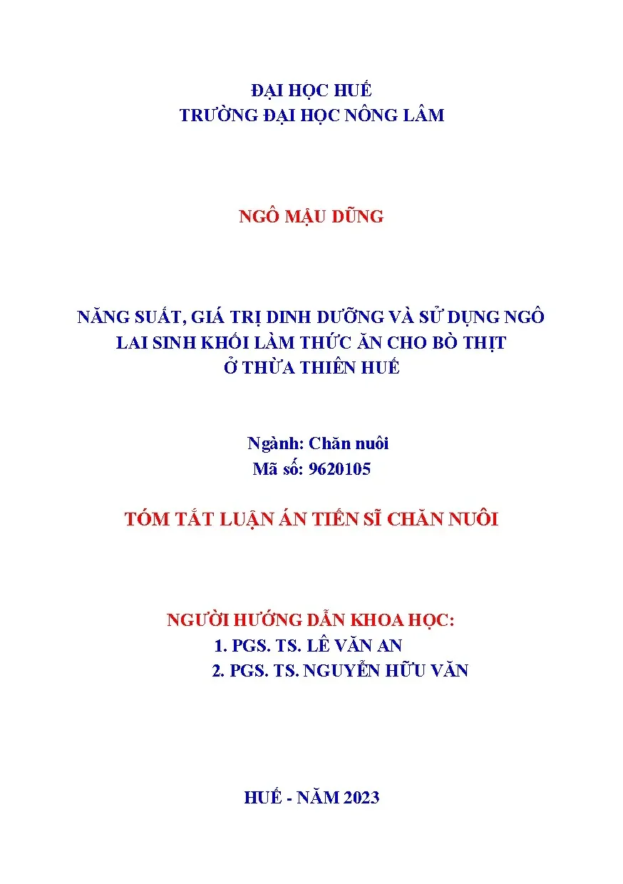 Năng suất, giá trị dinh dưỡng ngô lai sinh khối cho bò thịt Thừa Thiên Huế