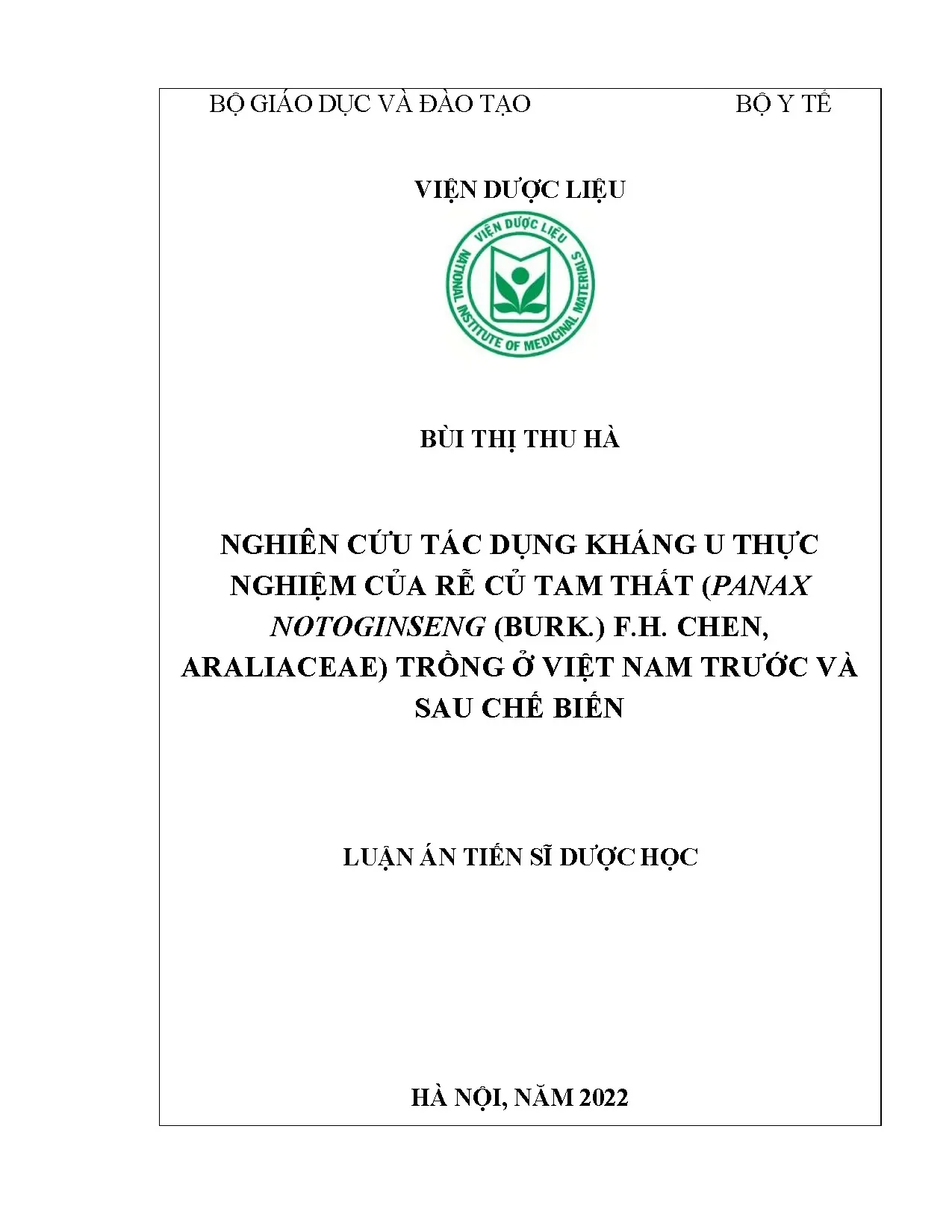 Tác dụng kháng u của rễ Tam thất Panax notoginseng Việt Nam