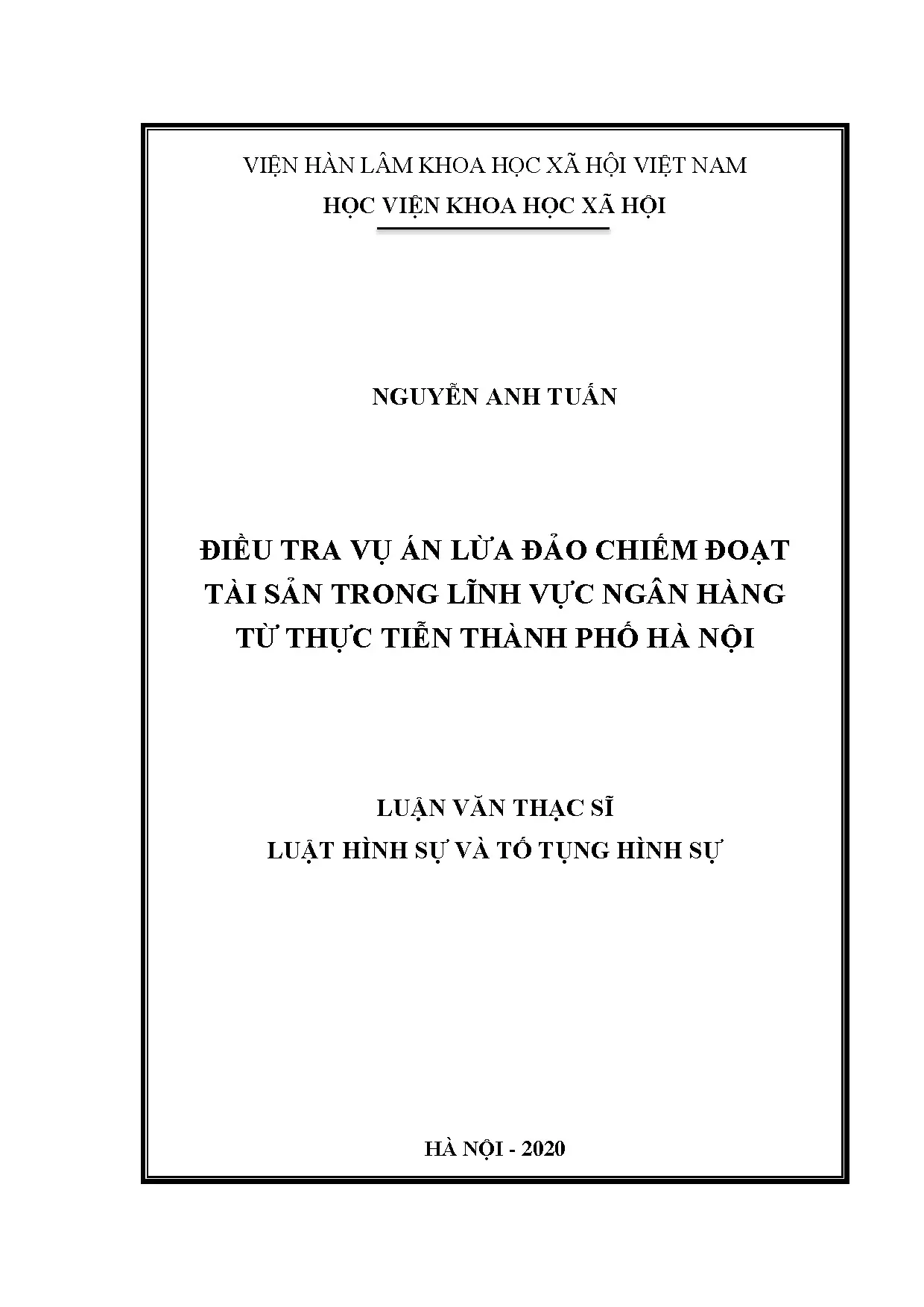 Luận án điều tra tội lừa đảo chiếm đoạt tài sản ngân hàng tại Hà Nội