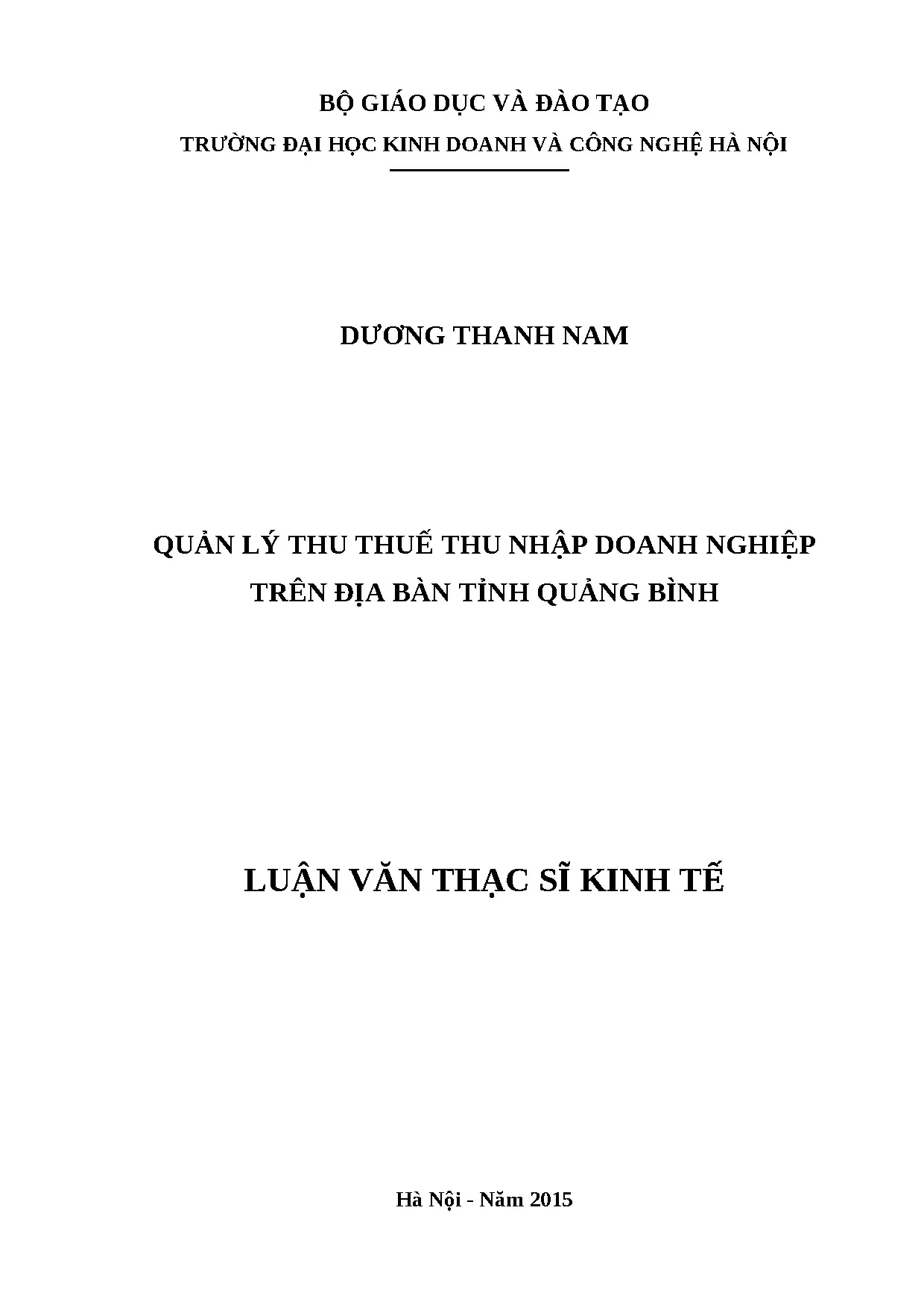 Luận án thạc sĩ quản lý thu thuế thu nhập doanh nghiệp tỉnh Quảng Bình