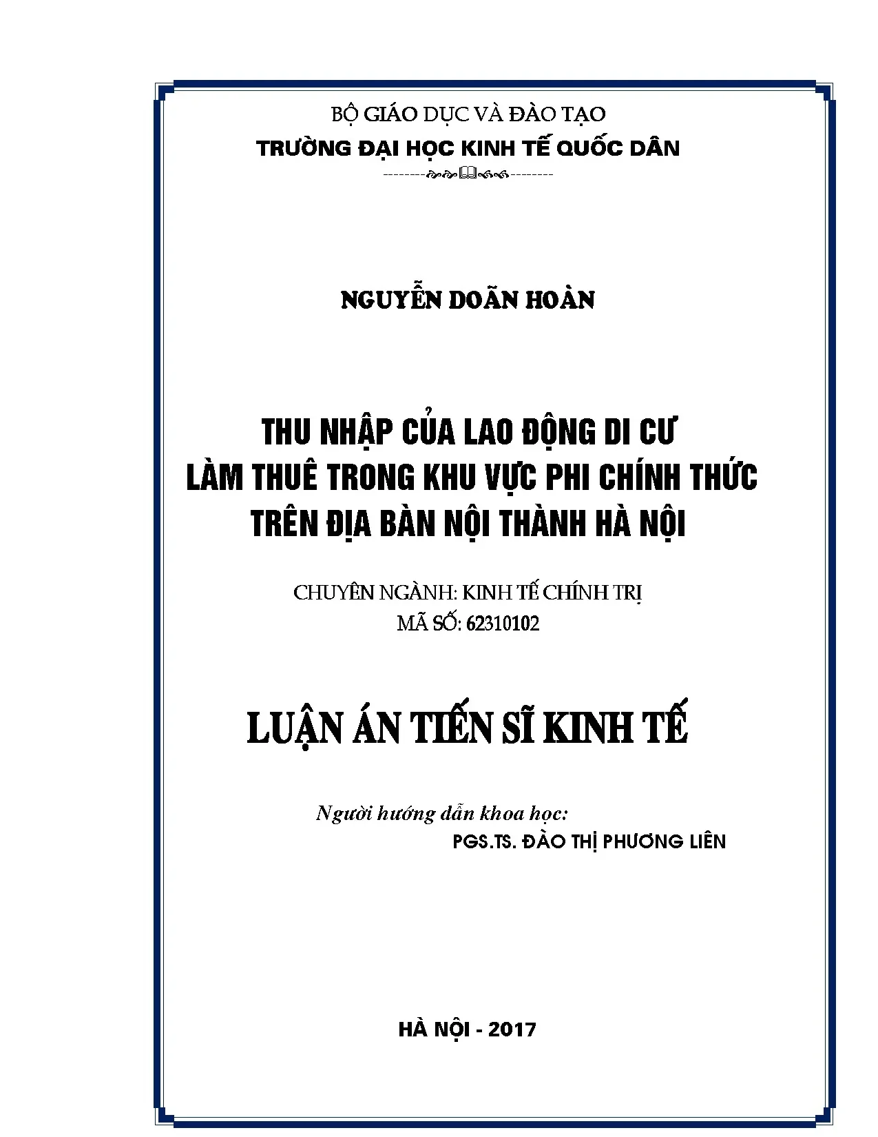 Thu nhập lao động di cư phi chính thức tại nội thành Hà Nội