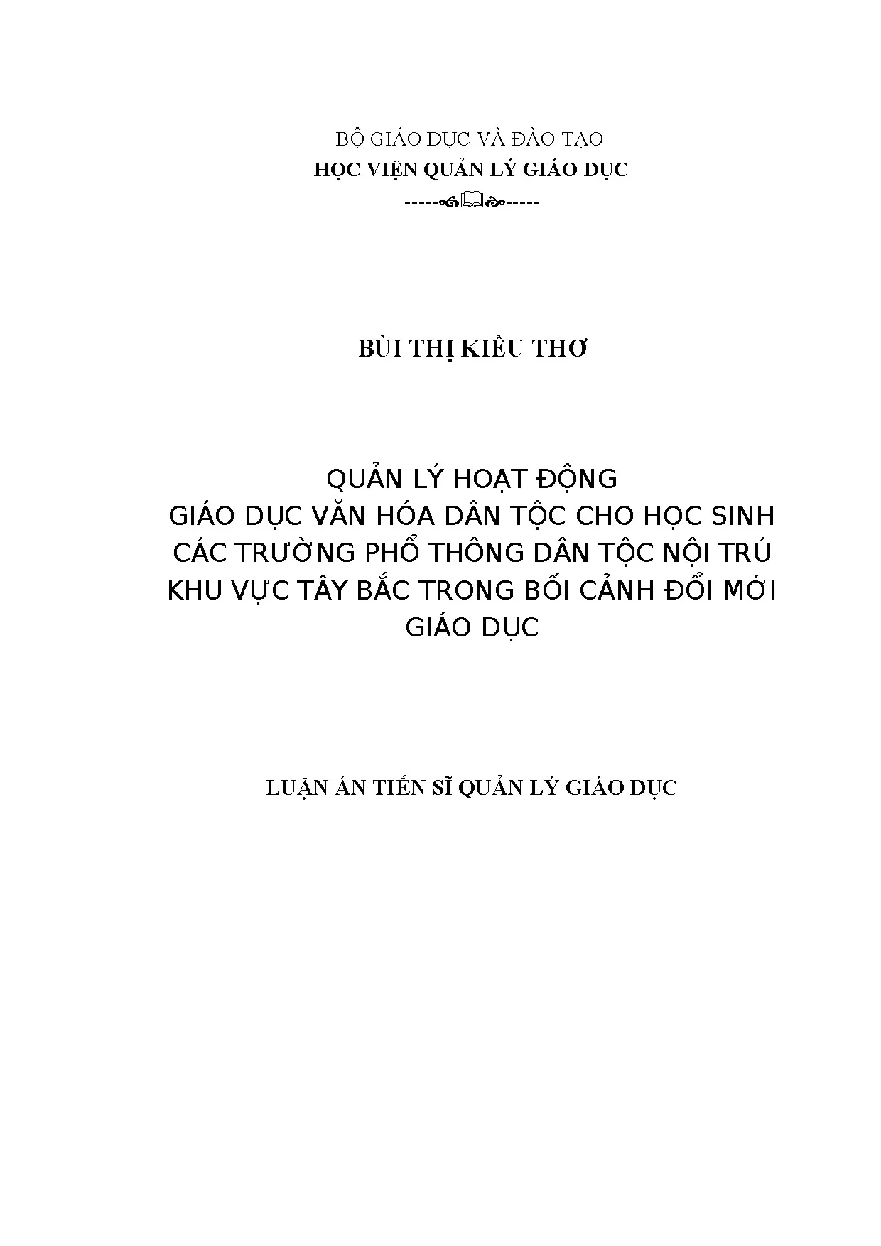 Quản lý hoạt động giáo dục văn hóa dân tộc cho học sinh PTDTNT Tây Bắc