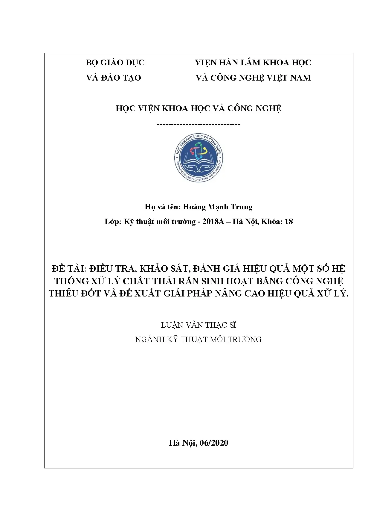 Luận án khảo sát hiệu quả xử lý rác thải sinh hoạt bằng công nghệ thiêu đốt