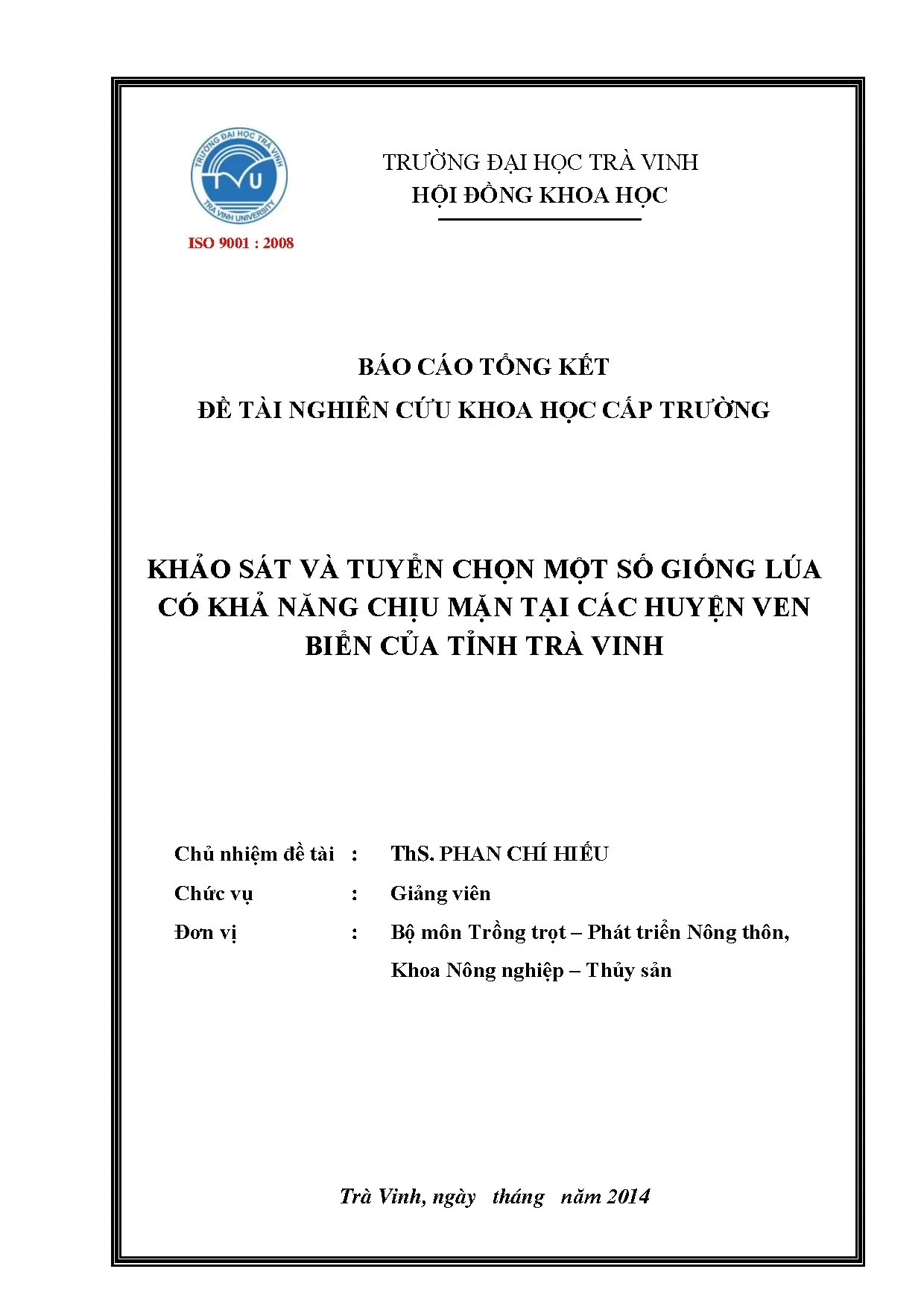 Khảo sát và tuyển chọn giống lúa chịu mặn tại Trà Vinh
