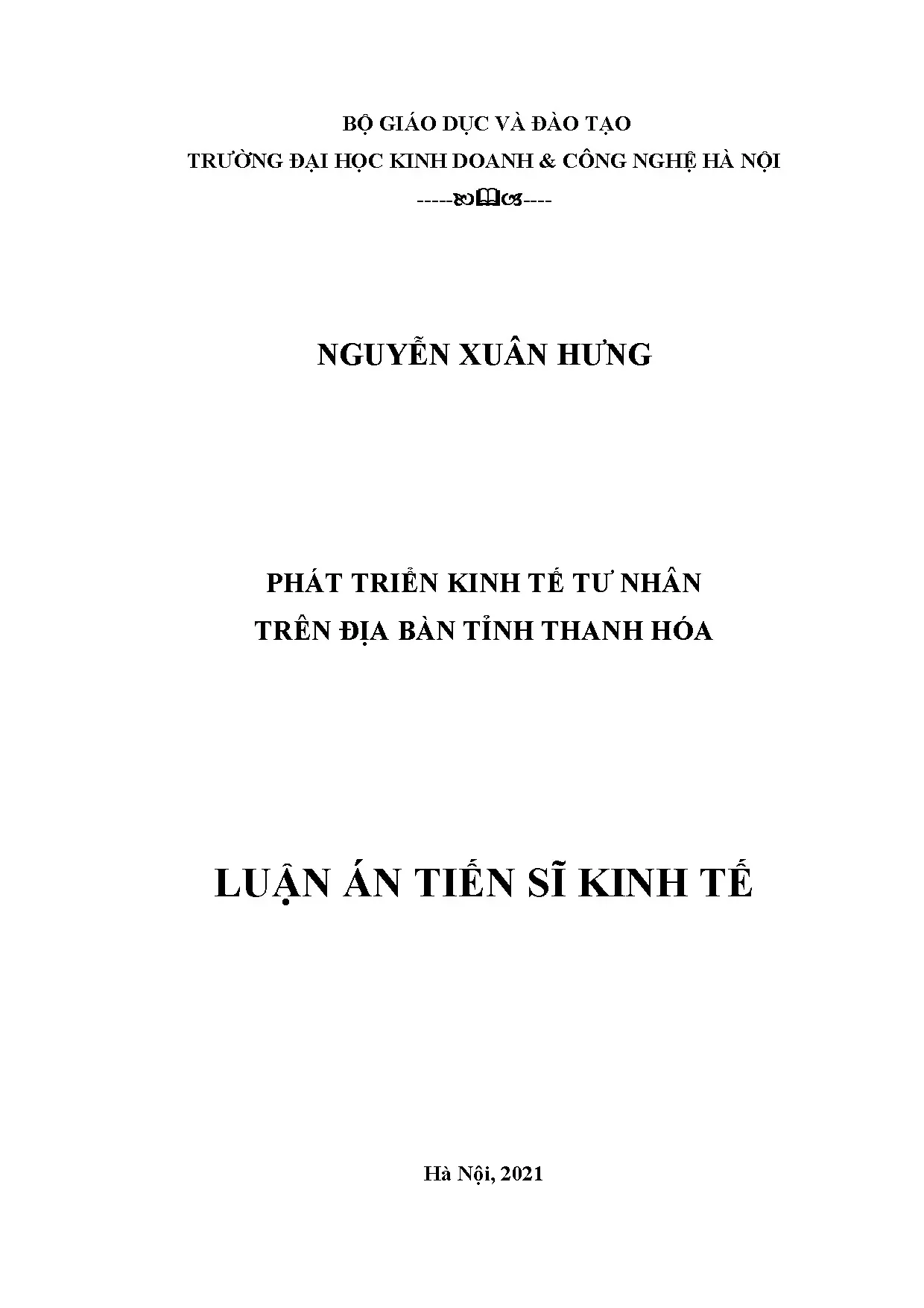 Phát triển kinh tế tư nhân Thanh Hóa: Luận án tiến sĩ kinh tế