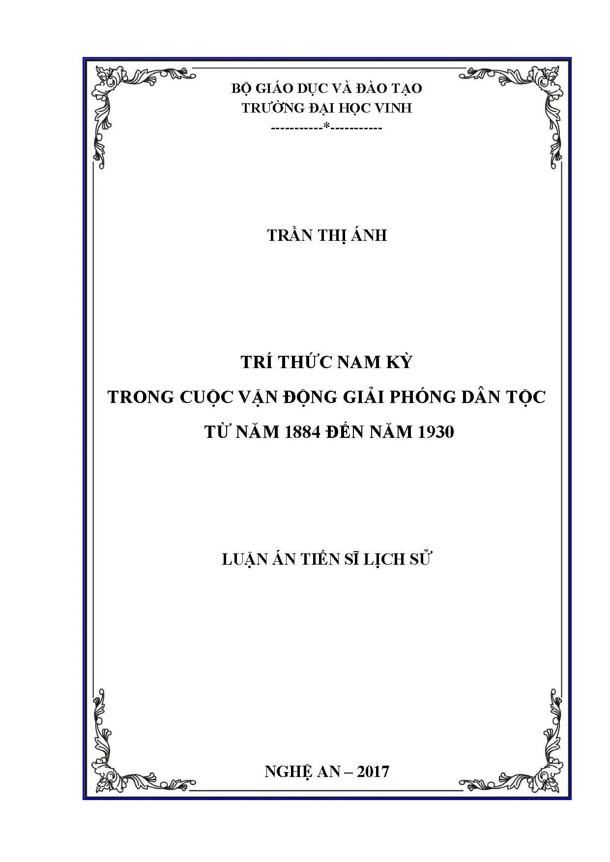 Luận án tiến sĩ: Trí thức Nam Kỳ trong giải phóng dân tộc (1884-1930)
