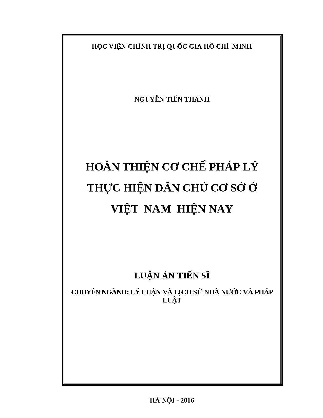 Hoàn thiện cơ chế pháp lý dân chủ cơ sở ở Việt Nam hiện nay