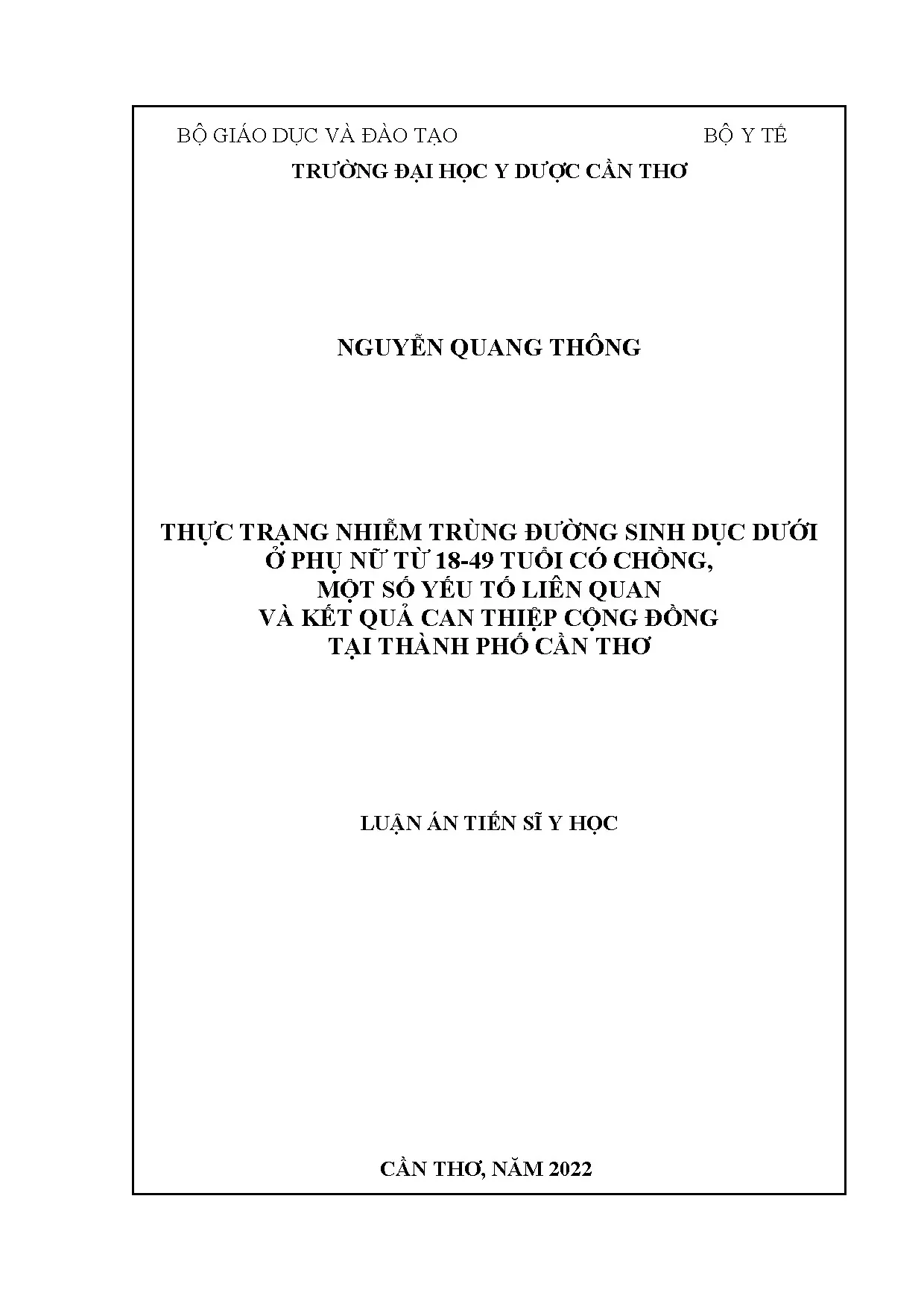 Luận án tiến sĩ: Nhiễm trùng đường sinh dục dưới ở phụ nữ Cần Thơ