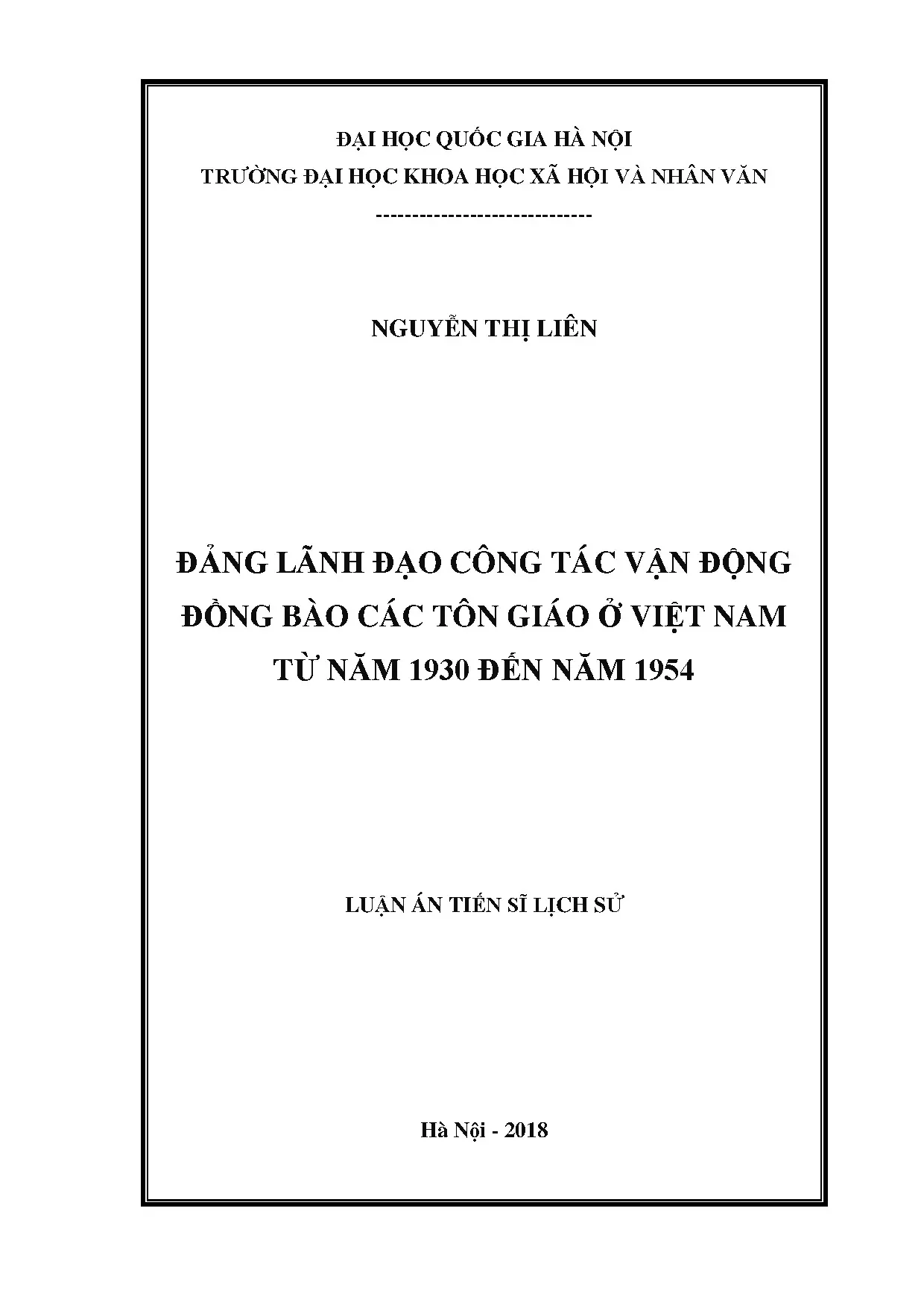 Luận án tiến sĩ: Đảng lãnh đạo công tác vận động đồng bào các tôn giáo ở Việt Nam (1930-1954)