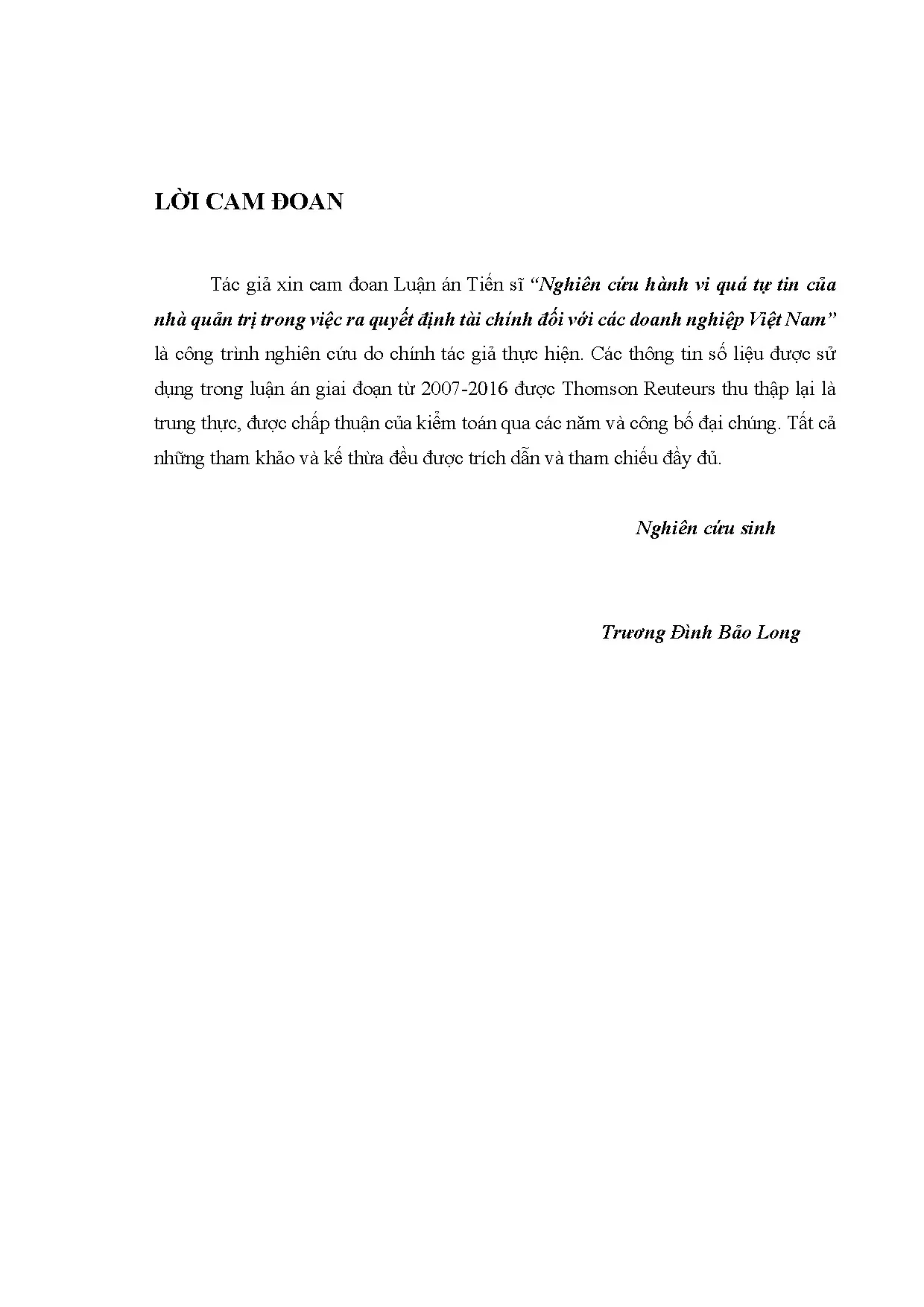 Luận án nghiên cứu hành vi quá tự tin CEO trong quyết định tài chính