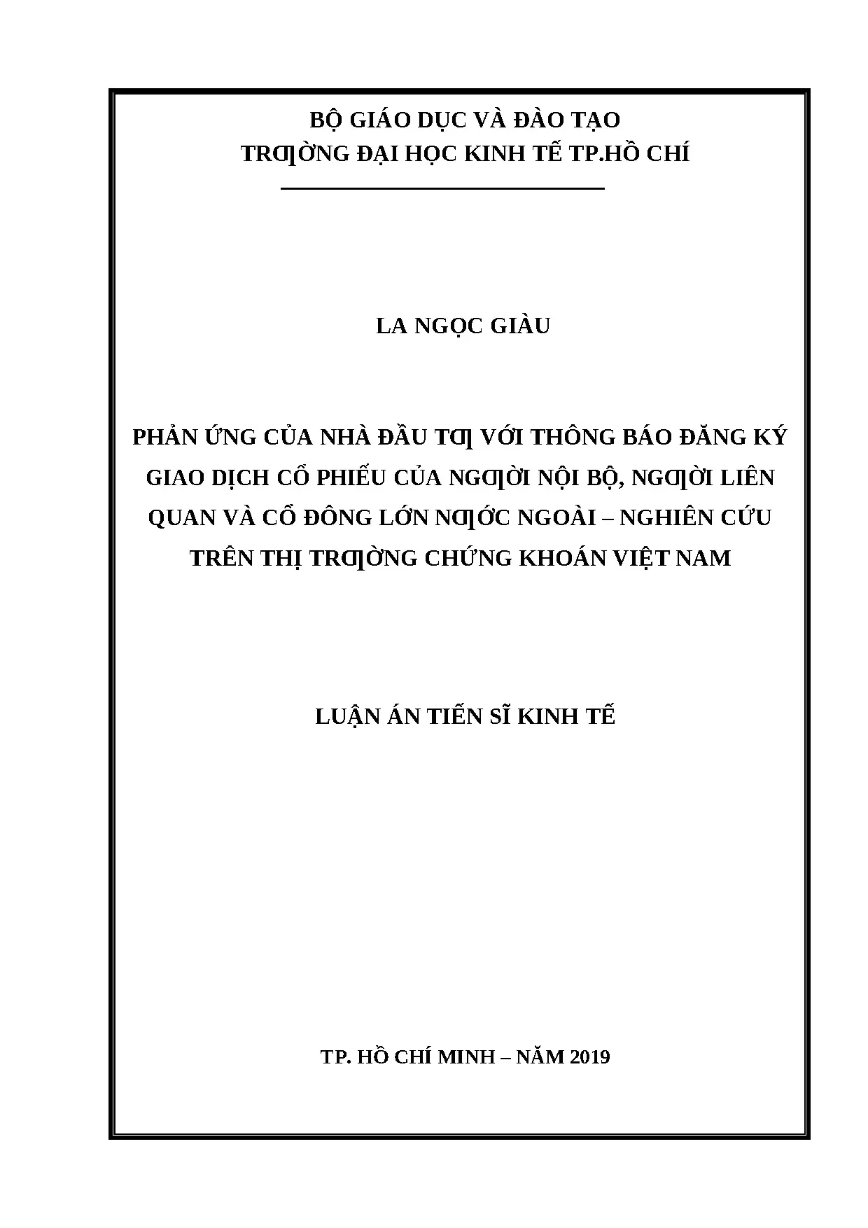 Phản ứng nhà đầu tư với thông báo đăng ký giao dịch cổ phiếu của người nội bộ, người liên quan và cổ đông lớn nước ngoài - Nghiên cứu trên thị trường chứng khoán Việt Nam