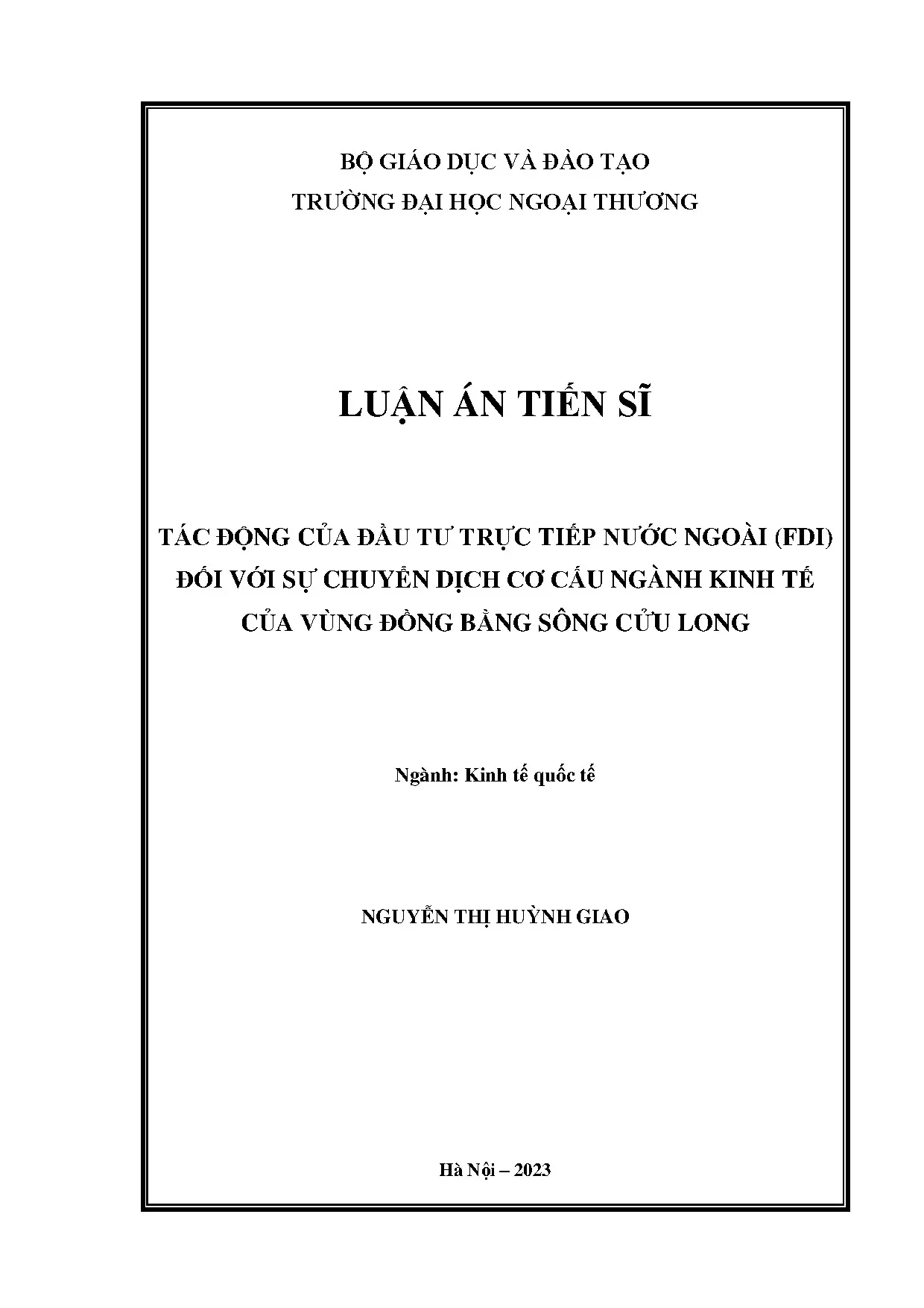 Tác động FDI đến chuyển dịch cơ cấu ngành kinh tế ĐBSCL