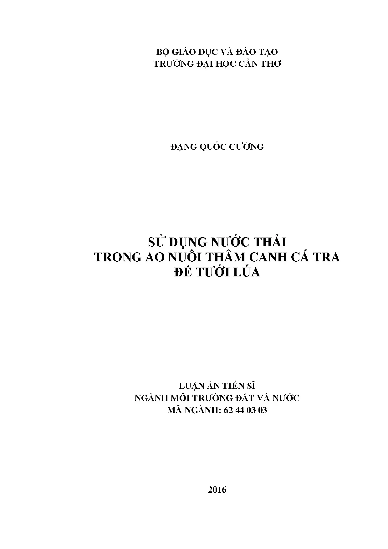 Luận án tiến sĩ: Sử dụng nước thải ao nuôi cá tra tưới lúa