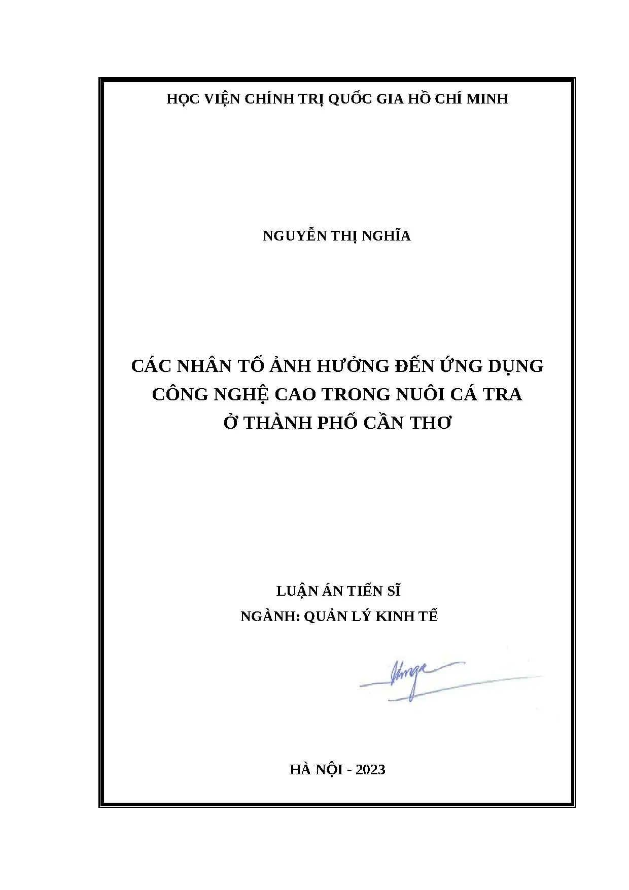 Luận án tiến sĩ nhân tố ảnh hưởng ứng dụng CNC nuôi cá tra Cần Thơ