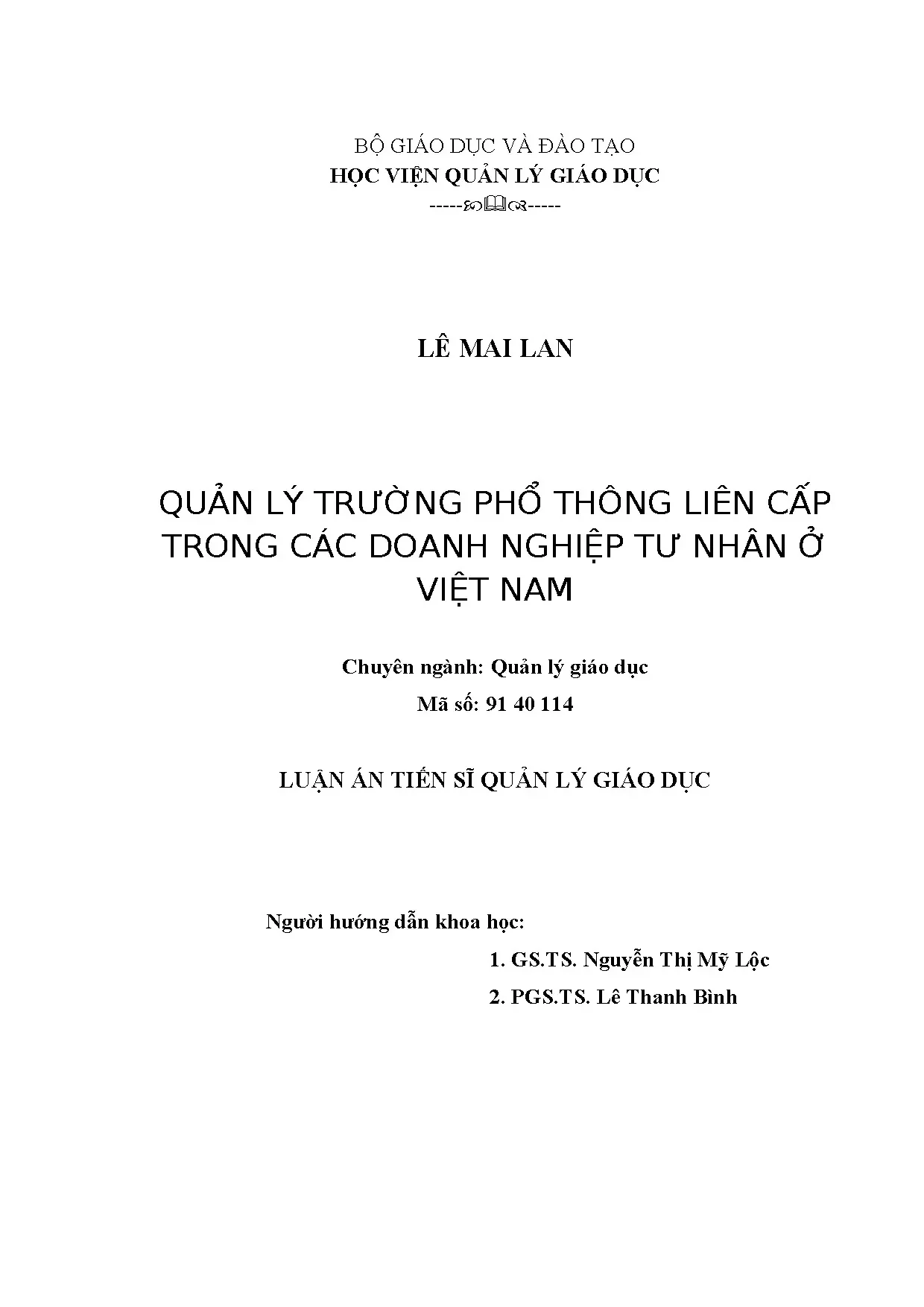 Quản lý trường PTLC tư nhân tại Việt Nam: Luận án