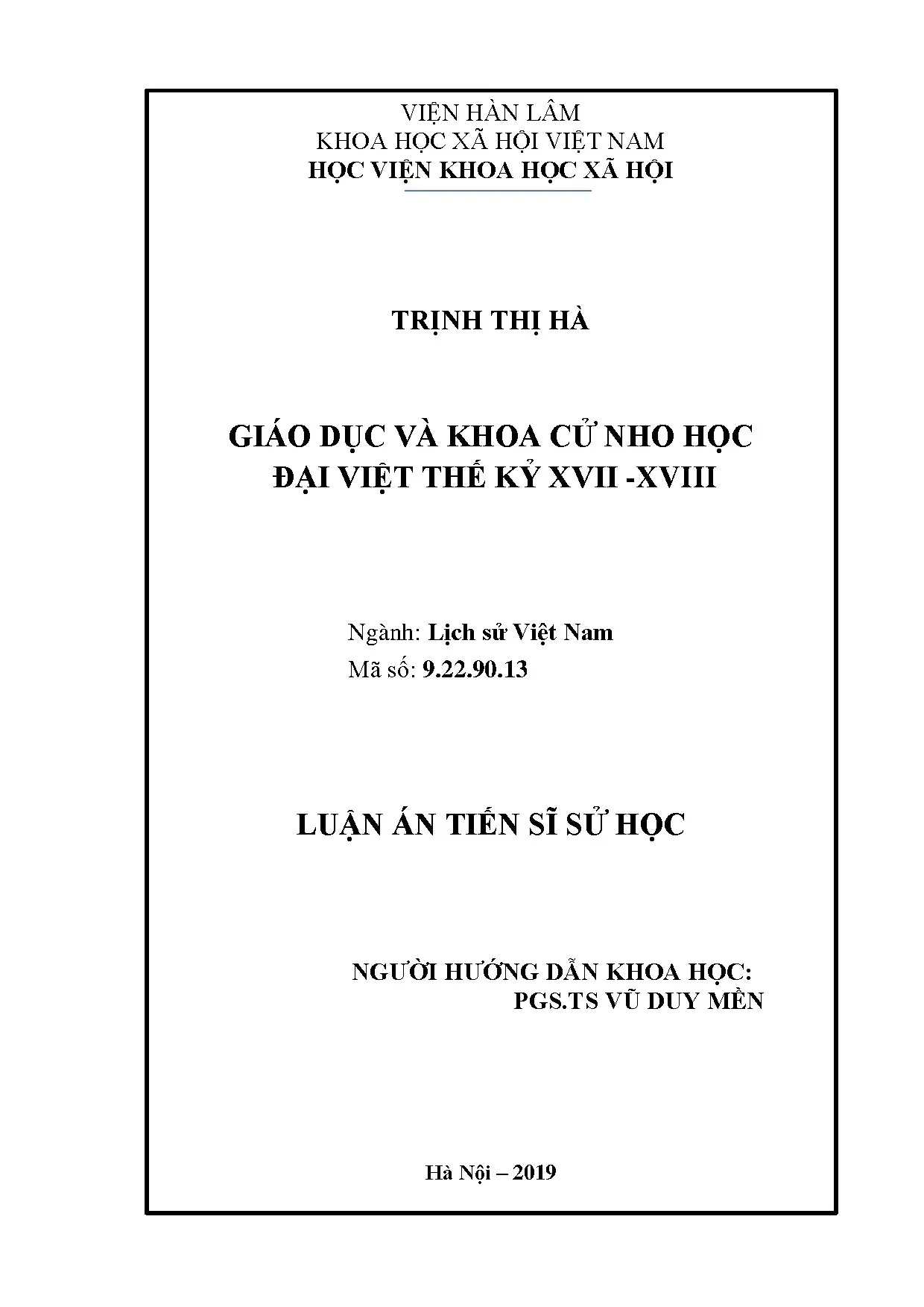Luận án tiến sĩ: Giáo dục và khoa cử Nho học Đại Việt thế kỷ XVII-XVIII
