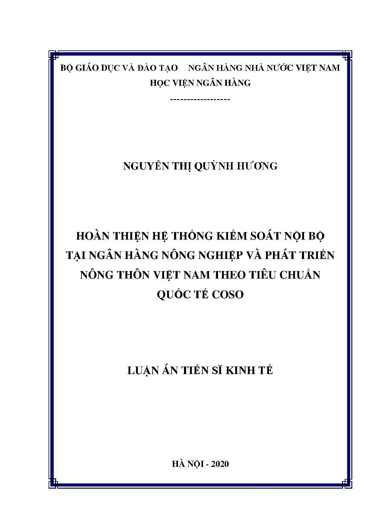 Hoàn thiện hệ thống kiểm soát nội bộ ngân hàng Agribank theo COSO