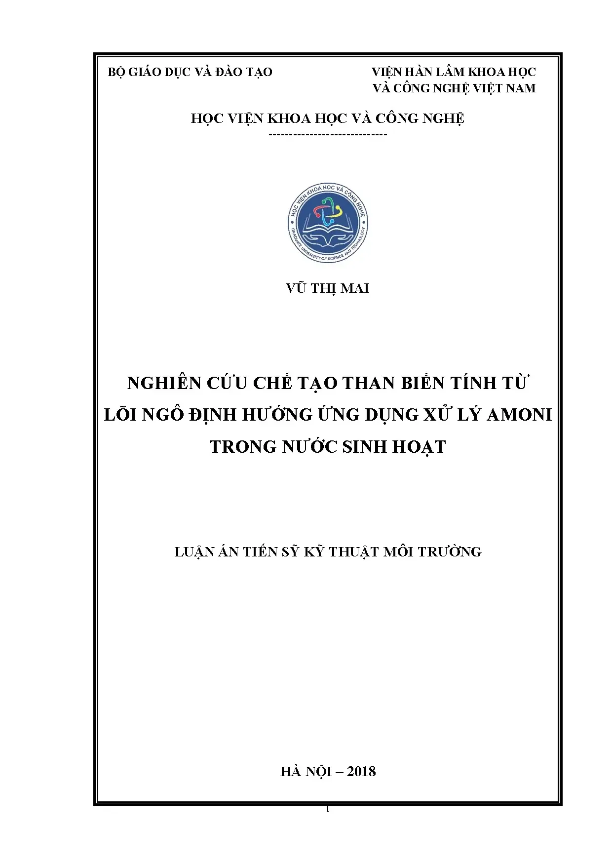 Than biến tính từ lõi ngô xử lý amoni nước sinh hoạt