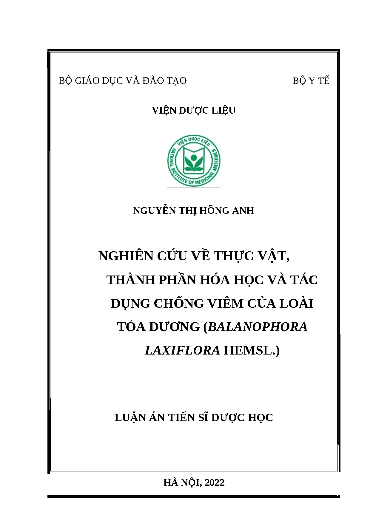Nghiên cứu thành phần hóa học và tác dụng chống viêm của Tỏa dương Balanophora laxiflora