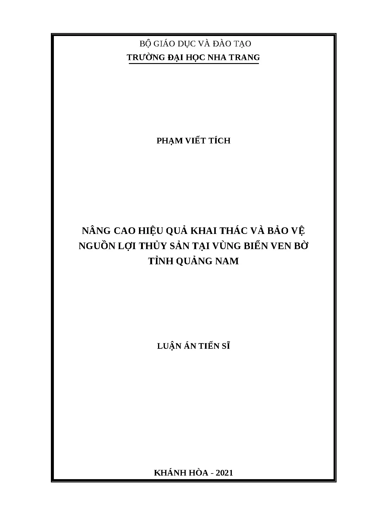 Luận án nâng cao hiệu quả khai thác thủy sản ven bờ Quảng Nam