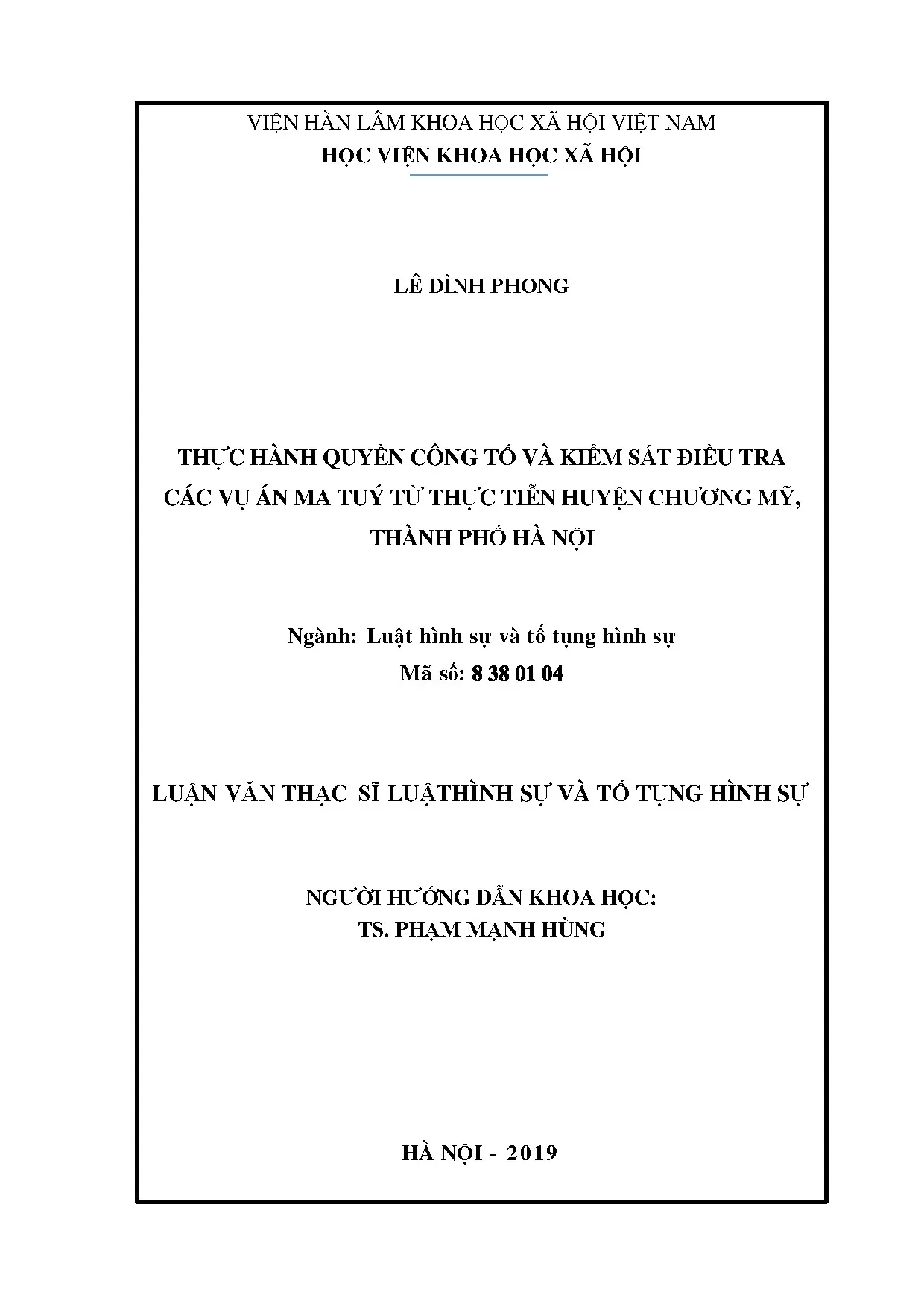 Luận án thực hành quyền công tố kiểm sát điều tra vụ án ma túy huyện Chương Mỹ