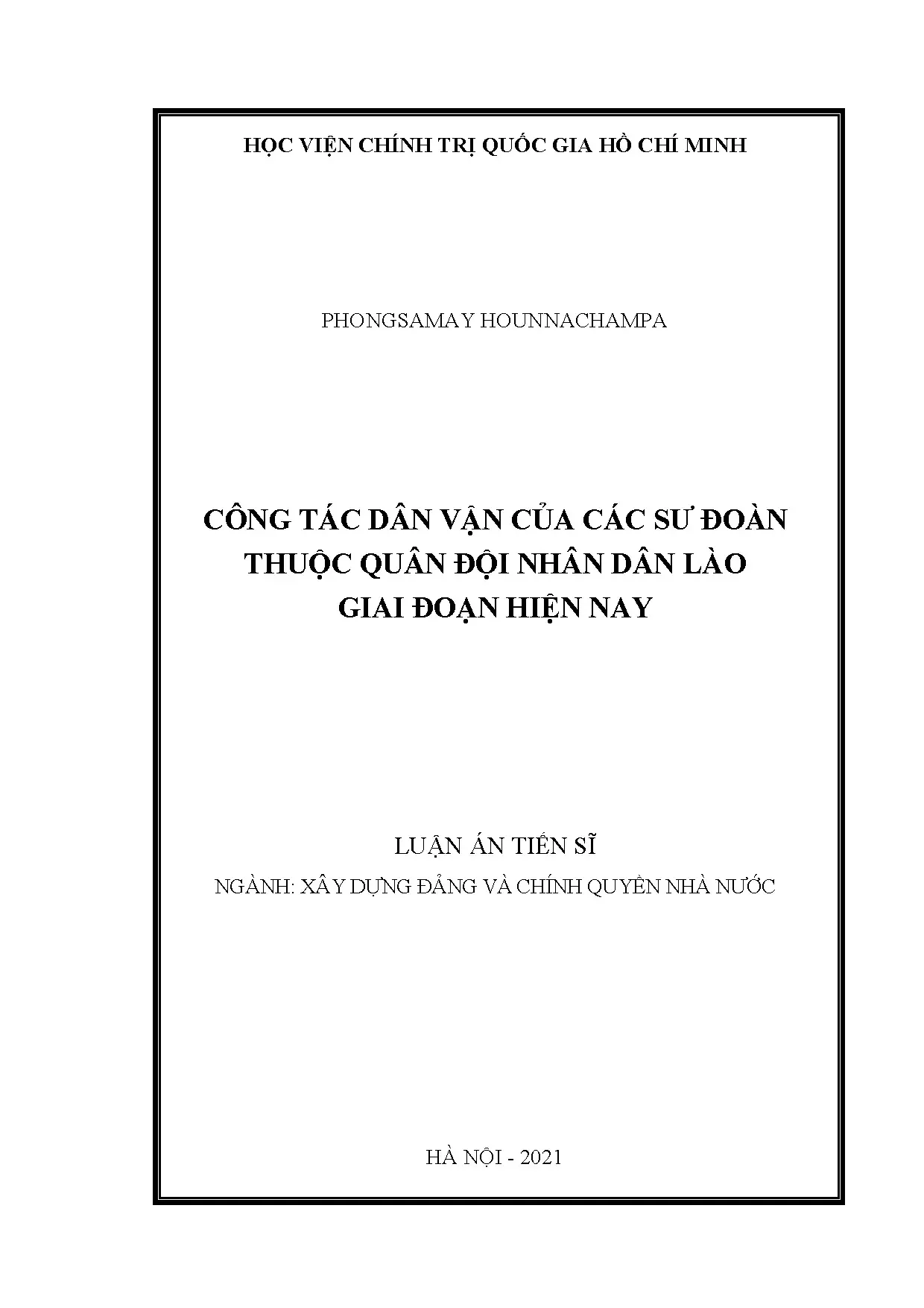 Luận án tiến sĩ về công tác dân vận sư đoàn QĐND Lào giai đoạn hiện nay