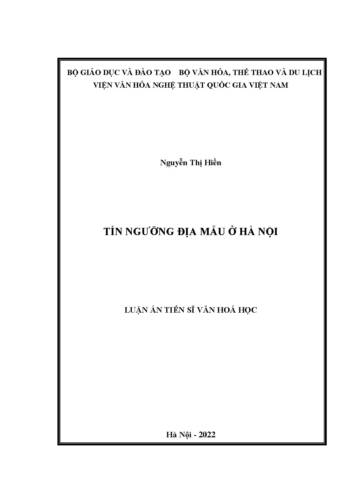 Luận án tiến sĩ tín ngưỡng Địa Mẫu tại Hà Nội (2022)