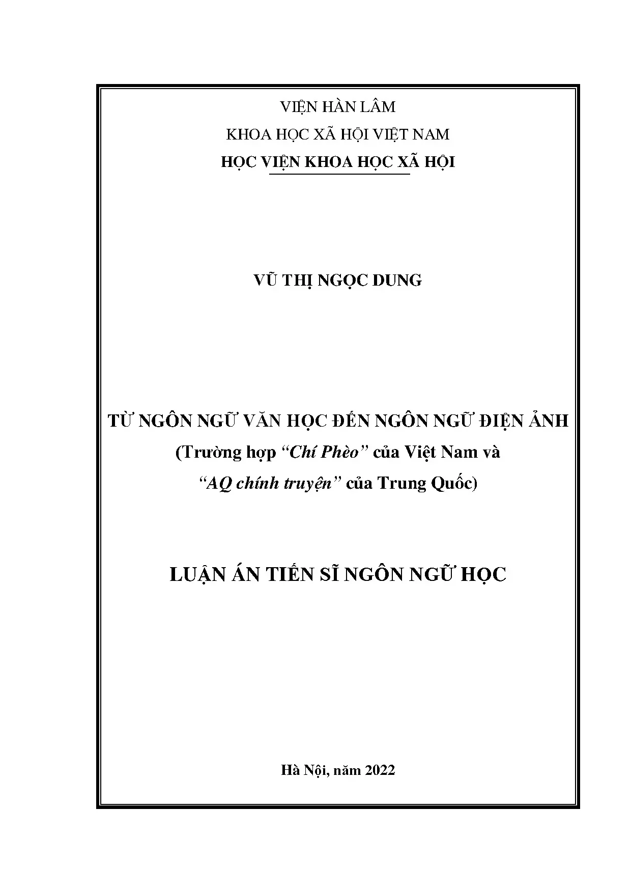 Luận án: Từ ngôn ngữ văn học đến ngôn ngữ điện ảnh (Chí Phèo & AQ chính truyện)